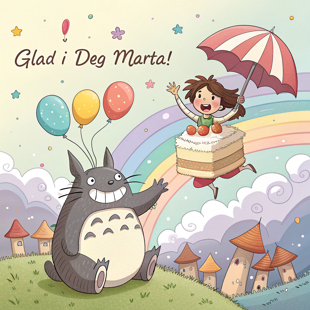 At the top of the image, "베프, 생일 축하해 - Glad i deg Marta!"

In the center of the illustration, portray a whimsical Ghibli-inspired scene: Anoushka as a quirky animated character joyously riding atop a large, fluffy Totoro. Totoro holds a giant slice of cake instead of an umbrella, and his eyes gleam with excitement. Haku, in his majestic dragon form, swirls through the sky, trailing colorful birthday balloons behind him. Below, soot sprites wear tiny party hats, gleefully tossing confetti made from candy wrappers. Yubaba peeks from a window with a comical scroll that reads, "You're HOW old?!"

The vibrant background reveals a magical forest with fantastical creatures celebrating under floating lanterns shaped like birthday candles. Overhead, a sparkly banner flutters playfully, declaring, "Let the Ghibli-giggles begin!"

At the bottom of the image, add, "May your birthday be as enchanting as a Studio Ghibli adventure!"
Generated with these themes: .
Made with ❤️ by AI.