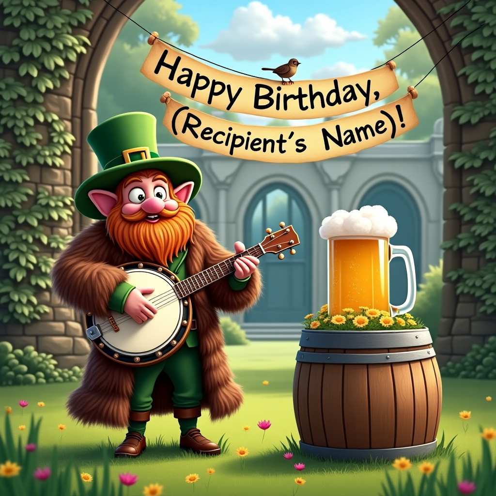In this whimsical and hilariously enchanting scene, a banjo-playing leprechaun stands proudly in front of the historic and majestic Kirkstall Abbey in Leeds. The abbey's ancient stone arches and ivy-clad walls create a stunning backdrop for this quirky birthday celebration. The leprechaun, dressed in an extravagant brown fur coat that drapes down to his knees, strums a cheerful tune on his banjo, his eyes twinkling with mischief. Beside him, an oversized wooden whiskey barrel serves as a table, with a large, frothy stein of beer resting on top. The golden liquid inside gleams under the gentle sunlight, reflecting the lush green grass surrounding the abbey grounds. A colorful banner, strung between two tall trees in the background, proudly declares "Happy Birthday, [Recipient's Name]!" The letters of the name are crafted from vibrant wildflowers and flutter slightly in the breeze, adding a touch of nature’s charm. Above, fluffy clouds meander across a brilliant blue sky, casting soft shadows over the scene, while a friendly sparrow perches on the edge of the whiskey barrel, seemingly tapping its tiny foot to the leprechaun's delightful tune. The card's scene is bursting with character, humor, and a touch of magic, making it the perfect birthday greeting.
Generated with these themes: Banjo playing leprechaun in a brown fur coat with a stein of beer, Outside Kirkstall abbey in leeds, and Next to a whiskey barrell.
Made with ❤️ by AI.