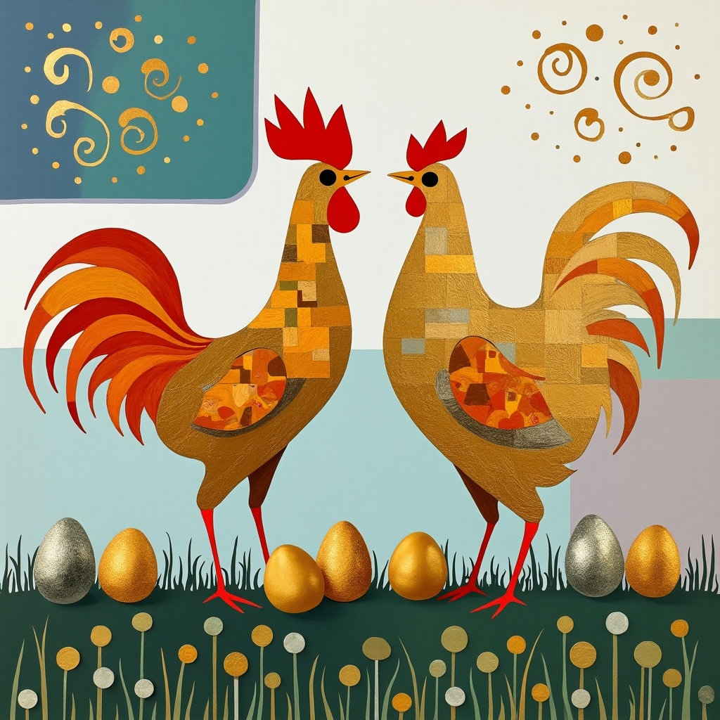 In the foreground of the card, a pair of elegant golden fowl, a cockerel and a hen, take center stage. Their forms are abstract yet recognizable, inspired by the sweeping curves of Joan Miró, their bodies an assemblage of bold, curvilinear shapes. The cockerel stands tall with a striking angular comb, comprised of overlapping red and orange geometric forms that echo Piet Mondrian's grid-like compositions but with a dynamic twist. Its body is a swirling mass of deep, metallic gold and lustrous brass-like hues, contrasting sharply with the hen beside it.

The hen is more rounded, her body a cluster of circular and oval shapes, each filled with patches of shimmering gold, punctuated by soft silver and rich bronze lines that suggest feathers. Her eyes, mere slits of shimmering black, are rendered in an expressive, abstract style reminiscent of Kazimir Malevich’s Suprematism. Her wings are suggested by layered crescent shapes in varying shades of burnished gold.

Nestled at their feet are a collection of golden eggs, arranged in an asymmetrical pattern akin to a Jackson Pollock drip painting, each egg uniquely textured with swirls and splatters of metallic silver, rose gold, and iridescent highlights, reflecting light in unexpected ways.

The background is a nod to Rothko, a series of broad, horizontal bands in pastel and muted tones. The top section features a deep, sky-blue rectangle fading into a lavender wash, which gently transitions into a wide, sun-bleached meadow green stripe. Below, a series of abstract forms resembling blades of grass, reminiscent of Gerhard Richter’s abstract brushwork, rise and curve across the bottom of the card. These forms are in various shades of green, some shimmering as if kissed by morning dew, interspersed with sporadic dashes of Easter colors like pastel pinks, blues, and yellows.

The sky is peppered with Cy Twombly-inspired loops and squiggles, rendered in thin, fine lines of silver and white, suggesting a flurry of ethereal clouds or distant constellations, adding a celestial dimension to the scene.

Overall, this composition exudes an intricate balance of color, shape, and form, capturing the essence of Easter through the sophisticated abstraction of its iconic symbols.
Generated with these themes: Elegant golden cockerel and hen looking over golden eggs. Not cute., and Easter.
Made with ❤️ by AI.