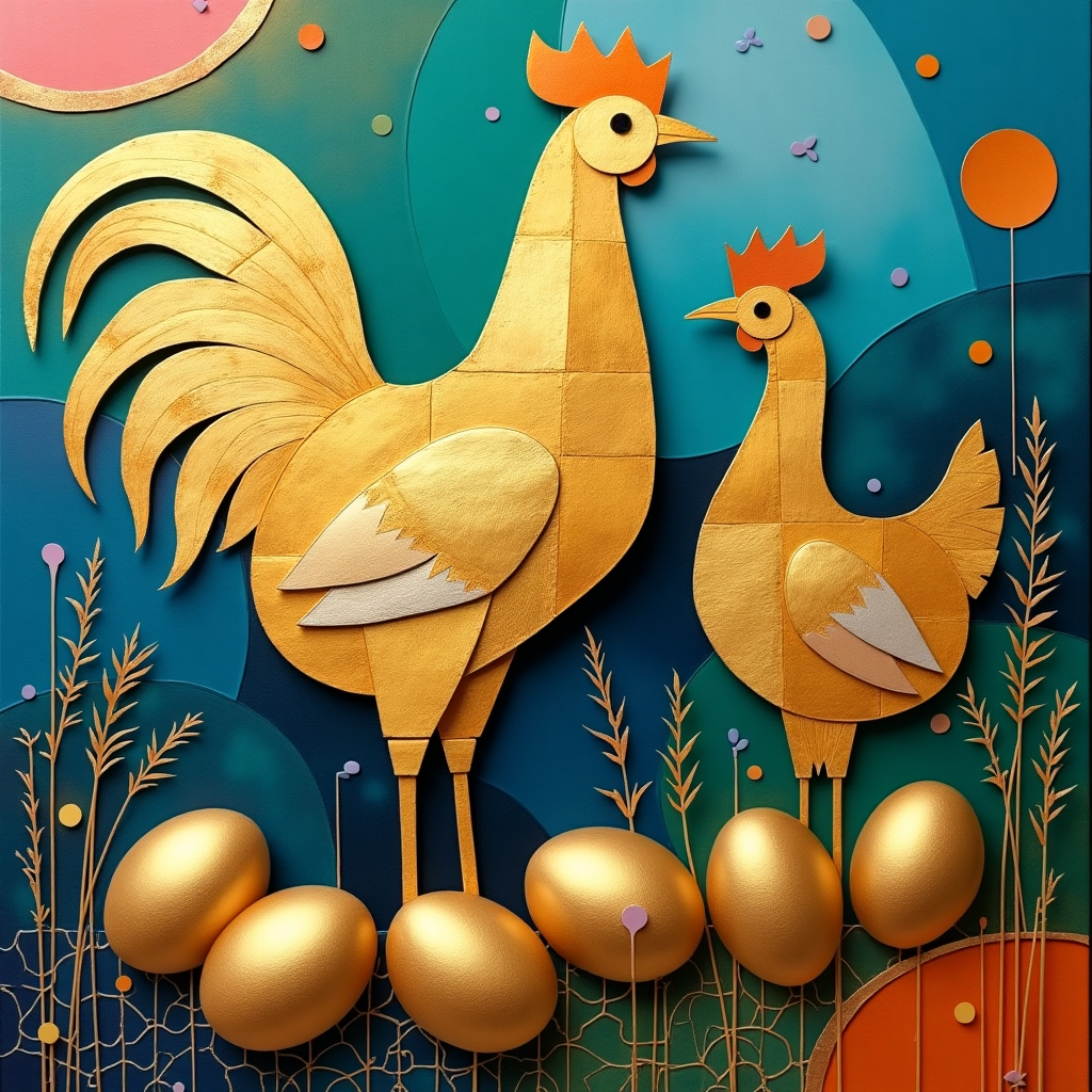 **Card Cover Description:**

Imagine a vibrant canvas brimming with bold shapes, dynamic lines, and a spectrum of colors blending harmoniously. The central focus is on an abstract yet unmistakable portrayal of an elegant golden cockerel and hen. Their forms are suggested through geometric shapes and lines, reminiscent of Wassily Kandinsky's affinity for dynamic compositions. The cockerel stands proud, its body composed of intersecting triangles and rectangles in shades of shimmering gold, while the hen, slightly smaller, is an assemblage of soft, overlapping circles and ellipses in complementary golden hues.

**Objects:**
1. **Golden Cockerel and Hen:** Construct these figures using angular and curvilinear forms. Think of Piet Mondrian's use of lines and blocks but in gold gradients and metallic textures. Both birds are layered with splashes of Pollock-style action painting, with streaks of silver and white suggesting feathers. Their eyes, simple dots of black, are the only non-gold element, giving them a stark focal point.

2. **Golden Eggs:** Beneath the birds, a series of ovoid shapes rests nestled in a grid-like pattern of straight and curved lines. The eggs shimmer in various shades of gold and bronze, akin to Kazimir Malevich’s love for geometric abstraction. Each egg has a subtle texture, as if layered with thin brushstrokes of gold paint, giving them depth and a tactile quality.

**Background Elements:**
1. **Abstract Landscape:** The backdrop is a wash of bold, abstract color fields inspired by Mark Rothko. Deep azure blues and rich emerald greens create a contrast that highlights the golden figures. Swirling patterns reminiscent of Joan Miró float across the canvas, adding a playful yet structured element to the composition.

2. **Lines and Shapes:** Delicate, curving lines and floating circles, like those found in Cy Twombly's works, weave across the scene, suggesting grass or an abstract landscape. These are rendered in soft pastels—pink, lavender, and mint—providing a subtle, elegant contrast to the vivid background and striking golden subjects.

3. **Geometric Patterns:** Borrowing from Agnes Martin, include faint, barely-there grid lines that create an underlayer of structure beneath the dynamic scene. These lines are soft gray, almost imperceptible, grounding the chaos with a sense of order.

This composition blends the influences of great abstract and modern artists to capture a uniquely elegant and sophisticated Easter greeting card cover, focused on the interplay of colors, shapes, and forms.
Generated with these themes: Elegant golden cockerel and hen looking over golden eggs. Not cute., and Easter.
Made with ❤️ by AI.