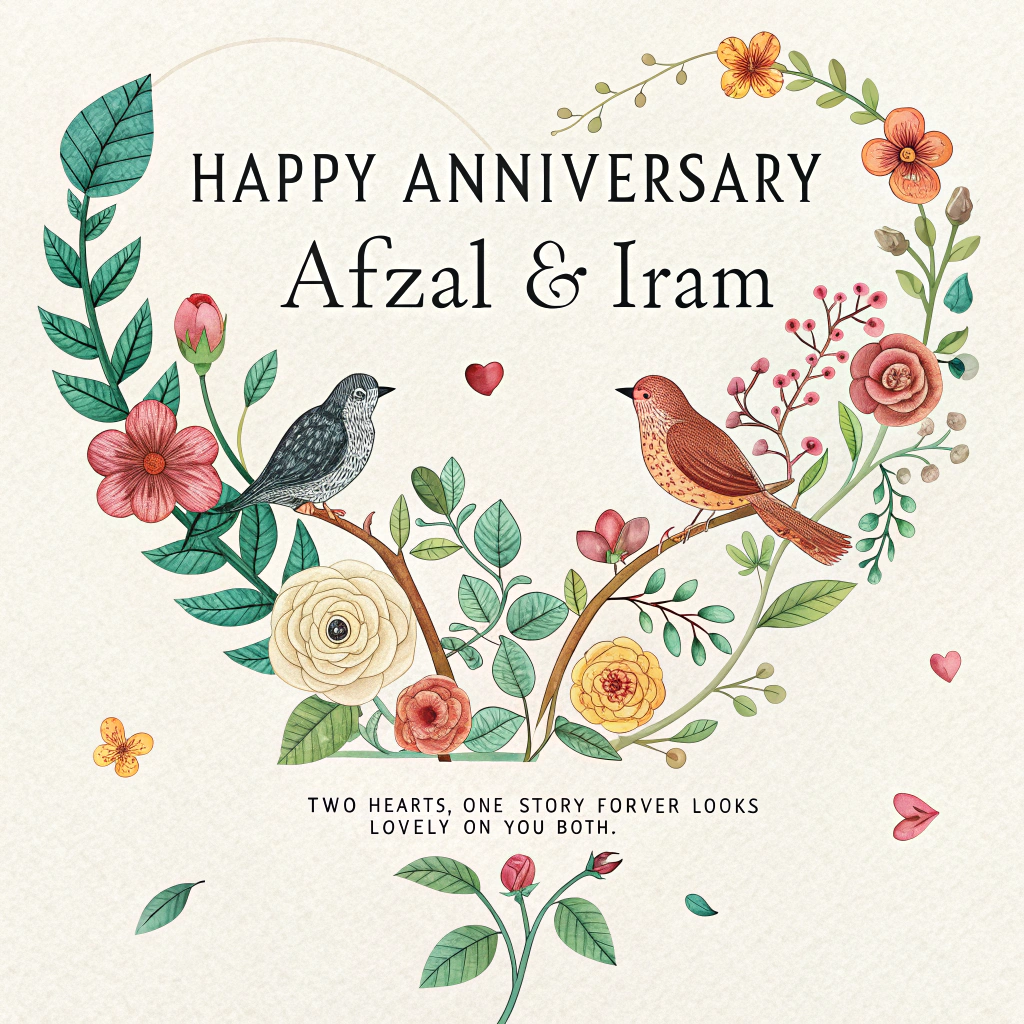 At the top of the Illustration Style image, "Happy Anniversary Afzal & Iram"

At the bottom of the image, "Two hearts, one story—forever looks lovely on you both."

In the center, illustrate a large botanical ampersand formed by intertwined jasmine and rose vines, their blooms gently touching; two small lovebirds perch beak-to-beak on the upper curl, creating a subtle heart-shaped negative space. Use fine linework and textured brush strokes on a soft ivory watercolor paper texture. Keep a warm, expressive palette: blush, dusty rose, coral, sage, and antique gold, with a gentle golden-hour glow. Add delicate star-speckles and a few drifting petals for movement. Maintain a balanced, airy composition with generous negative space so the headline and punch-line stand out; top text in elegant hand-lettered script, bottom text in a refined minimal serif.
Generated with these themes: Positive, Love, and .
Made with ❤️ by AI.