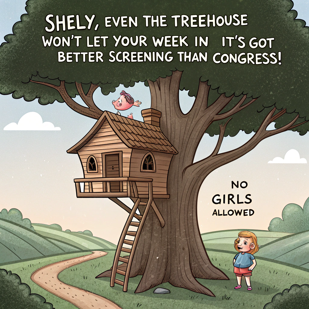 At the top of the image, "Shelly, even the treehouse won't let your week in—it's got better screening than Congress!"

- The cartoon scene shows a wonky wooden treehouse high up in an old oak tree, with a hand-painted "NO GIRLS ALLOWED" sign dangling crookedly on the front.
- Below the treehouse stands a cartoonified Donald Trump as a scruffy little boy: oversized shorts, dirt-smeared "Make Treehouses Great Again" T-shirt, arms crossed, pouting, and blocking the ladder like a playground bodyguard.
- A forlorn squirrel nearby clutches a flower, trying to offer it up, only to be glared at too.
- A dark cartoon cloud drizzles lightly over just the Shelly-labelled mailbox, exaggerating the sulky mood.
- Light-hearted and absurd, the image aims to make Shelly smile despite a rough time, saying, “We’re sorry things are tough—but at least you’re not arguing over sticks and pinecones with mini-Donald.”
Generated with these themes: "no girls allowed" sign on treehouse, and Donald Trump as a boy in shorts and a dirty t-shirt standing menacingly below.
Made with ❤️ by AI.