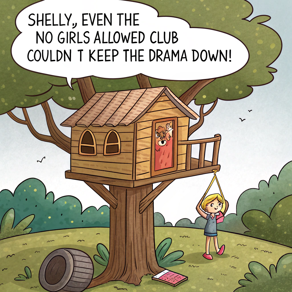 "no girls allowed" sign on treehouse, and Donald Trump as a boy in shorts and a dirty t-shirt standing menacingly below Sympathy Card