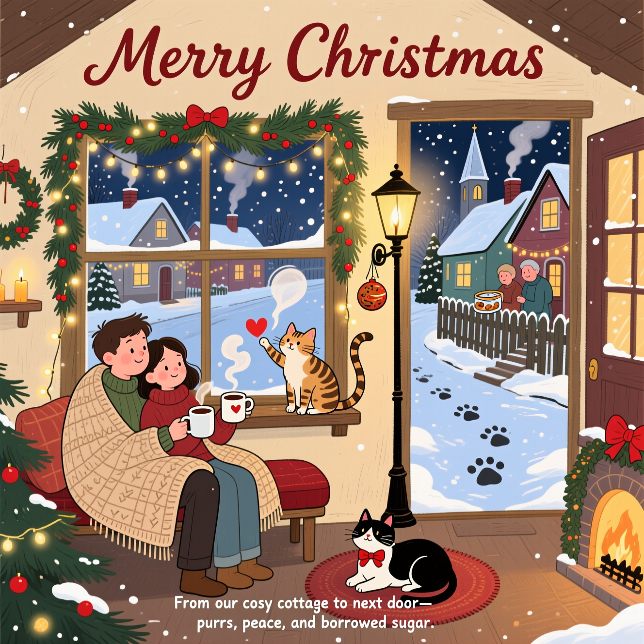 At the top of the Illustration Style image, "Merry Christmas"

At the bottom of the Illustration Style image, "From our cosy cottage to next door—purrs, peace, and borrowed sugar."

Hand-drawn illustration with fine linework and textured brush strokes in a cute, warm mood: a snug cottage interior with a big window framing a snowy village street. In the foreground, a couple cuddle on a window seat under a knitted blanket, clinking mugs of cocoa; heart-shaped steam curls up. An evergreen garland with berries and tiny fairy lights drapes over the window.

Outside the window: twinkling lights strung between neighboring cottages, smoke curling from chimneys, a glowing lamppost, a church spire, and neighbours at a picket fence cheerfully swapping a tin of cookies. Soft flakes fall; footprints connect doorsteps to emphasize neighbourly warmth.

Include exactly two cats: one tabby cat perched on the windowsill, playfully batting a dangling bauble; one black-and-white cat curled on a round rug by a small hearth, wearing a tiny red bow and watching the snow. Add subtle paw prints in the snow leading from one cottage to the next.

Color palette: candlelit golds, cranberry reds, pine greens, cocoa browns, and midnight blues with crisp snowy whites. Lighting: cozy interior glow spilling outward against the cool twilight. Balanced composition using the window frame as a natural border, expressive faces, and charming details.

Typography: hand-letter the headline in a warm, flowing script with a soft frosted edge; set the punch-line in small playful lettering with tiny star and paw accents.
Generated with these themes: Neighbours, couple in cottage with village view, one tabby cat and one black and white cat, and .
Made with ❤️ by AI.