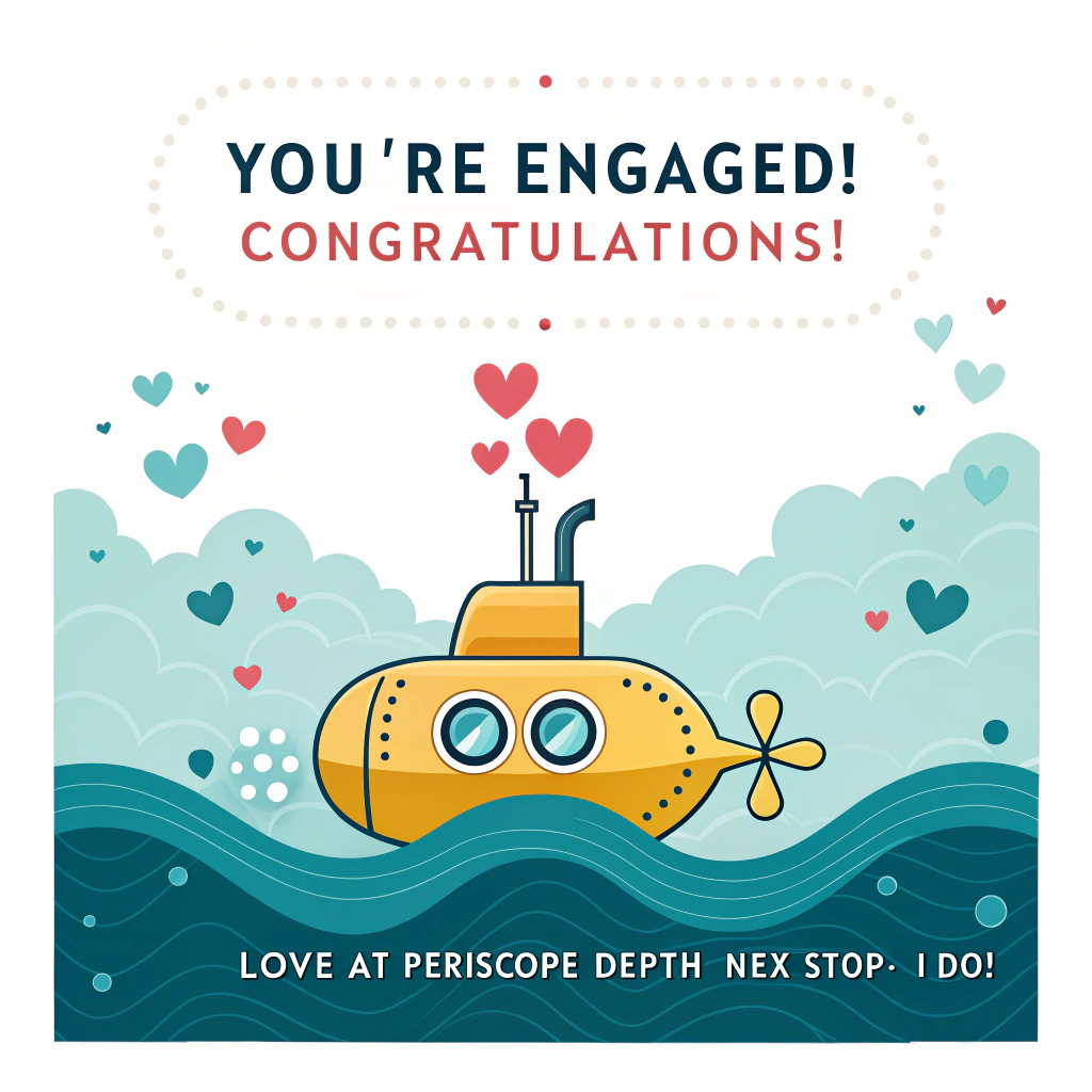 At the top of the Vector Style image, "You’re Engaged! Congratulations!"

At the bottom of the image, "Love at periscope depth—next stop: ‘I do’!"

Scene description in clean flat-vector art with crisp lines, solid color blocks, minimal gradients, and modern graphic design precision:
- Centerpiece: a sleek, bright yellow submarine cruising through stylized teal-blue waves. Simple geometric hull, bold circular portholes, a clean periscope puffing out heart-shaped bubbles.
- On deck: two joyful blonde women (adult), one flashing a sparkling engagement ring while the other pops a champagne bottle; both in playful striped sailor tops with tiny bridal veils fluttering. Big smiles, lively poses.
- Whimsical details: trailing tin cans clinking like a “just engaged” nod (no text), confetti-like dots drifting in the air, a couple of friendly flat fish and seashell icons near the waves.
- Background: wide open sky in a single soft blue with a flat sun and a couple of simple white cloud shapes for balance; no texture.
- Color palette: sunshine yellow, ocean teal, coral pink accents, navy, crisp white, and a touch of gold on the ring.
- Typography: bold modern sans-serif for the headline at the top; playful rounded sans-serif for the punchline at the bottom; generous spacing and high contrast for easy readability.
- Composition: text-first layout with the submarine and couple centered; keep everything clean, minimal, and cheeky.
Generated with these themes: Two blonde girls on a Yellow submarine, and .
Made with ❤️ by AI.