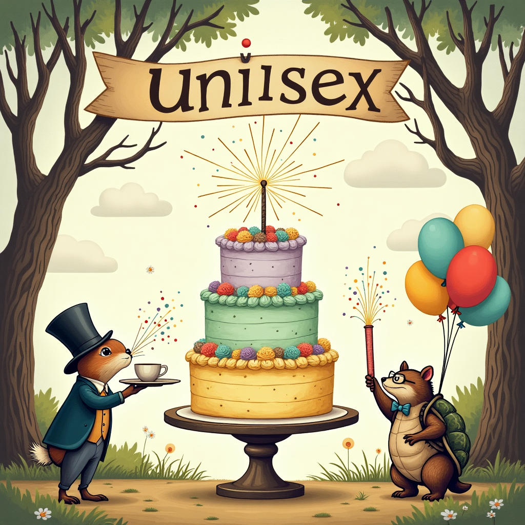 In the center of the card, a whimsical, tiered birthday cake stands proudly, exuding a sense of joyful celebration. The cake has three layers, each slightly askew for a touch of humor, and is decorated with swirls of creamy pastel frosting in shades of mint green, lavender, and soft yellow. The top tier of the cake features a flamboyant arrangement of sparklers fizzing and sparkling in a captivating display of silver and gold.

Around the cake, an animated scene unfolds, populated by a delightful cast of anthropomorphic animals and quirky characters. A rabbit dressed in a tailcoat and a top hat is balancing on one foot as he holds a serving tray with teacups. Next to him, a hedgehog wearing a party hat is blowing a party horn, with colorful confetti bursting from the end. A turtle with glasses, bow tie, and suspenders is holding a bouquet of balloons in various shapes and hues: red, blue, and yellow. 

The background is an intricate tapestry of trees with twisted trunks and leaves illustrated with a nod to the style of Arthur Rackham. Dappled sunlight filters through the branches, casting playful shadows across the scene. In the sky above, fluffy clouds are whimsically drawn, adding to the fantastical feel.

In the foreground, a vibrant banner stretches across the top of the card, caught in mid-billow, with the word "Unisex" playfully emblazoned in a bold, quirky font. The letters are adorned with mini starbursts and confetti illustrations, mirroring the celebratory atmosphere.

The overall palette of the card is a harmonious blend of soft pastels and earthy tones, with the use of detailed cross-hatching and line work reminiscent of Aubrey Beardsley and Edward Gorey, giving the scene a rich texture and depth.
Generated with these themes: Birthday cake, and .
Made with ❤️ by AI.