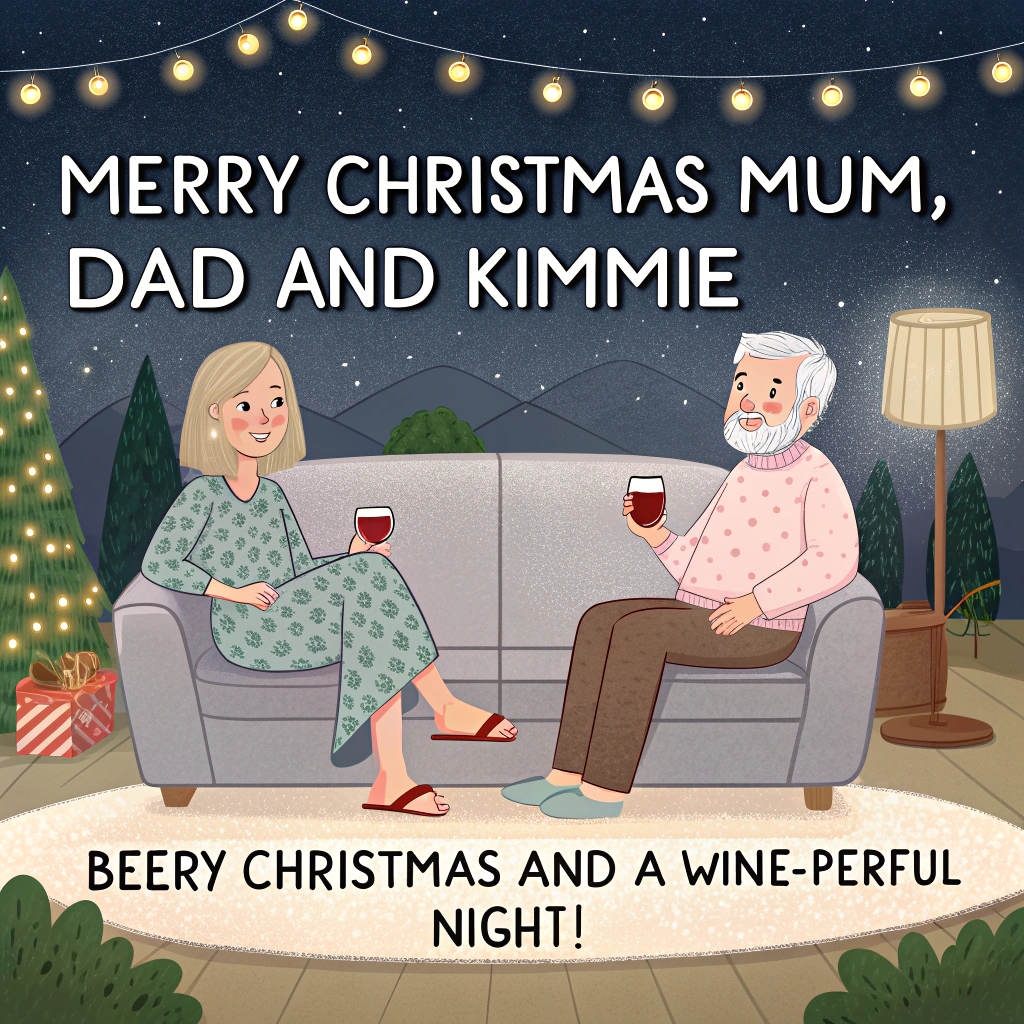 At the top of the Watercolor Style image, "Merry Christmas Mum, Dad and Kimmie"

At the bottom of the image, "Beery Christmas and a wine-derful night!"

In the center, depict a cozy, cute watercolor living room at night: a woman with shoulder-length blonde hair in a grey dress patterned with leaves (half sleeves), pink slippers, swirling a glass of red wine; beside her, her husband with short white hair, a small beard, bald on top, in a soft green sweater and grey slippers, holding a foamy beer. They sit cuddled on a plush sofa, with their black cat Kimmie perched next to them (tiny red bow and a small collar tag reading “Kimmie”), tail curled. A TV on a low console glows with a title card that reads “Walter Presents.” A twinkly tree, fairy lights, and a window with gentle snowfall frame the scene. Add a small wooden coffee table with a modest snack plate and a candle. Keep proportions round and charming, with warm rosy cheeks and gentle smiles for a cute mood.

Style and mood: soft watercolor washes, delicate gradients, subtle pigment blooms, and visible natural paper texture; warm festive palette of holly green, cranberry, blush pink, soft gold, and charcoal grey; soft edges and minimal linework. Leave airy negative space around the top headline for readability. Hand-painted brush lettering: top text in holly green with a faint cranberry shadow; bottom text in warm gold-ochre. Sprinkle tiny star-sparkles and watercolor paint splatters for a whimsical finish, with soft ambient glow from the string lights and TV.
Generated with these themes: Woman with shoulder blonde hair, with grey dress with leaves, half sleeves, pink slippers drinking red wine with husband with short white hair, with small beard, bald on top of head, green sweater, grey slippers drinking beer, Walter presents on tv, black cat called Kimmie sitting next to them, and .
Made with ❤️ by AI.