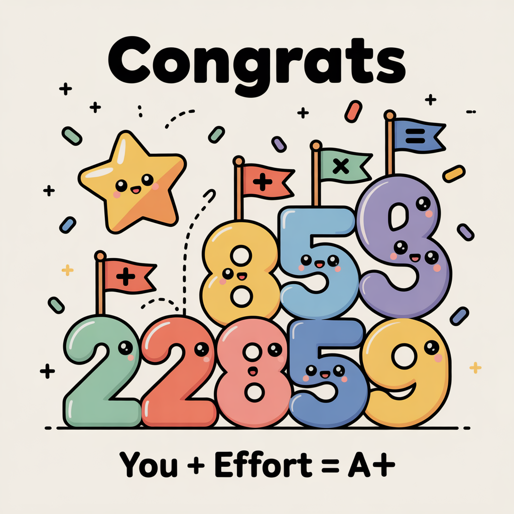 At the top of the Vector Style image, "congrats"

At the bottom of the image, "You + effort = A+"

- Clean flat-vector scene in a cute, modern style with crisp lines, solid color blocks, and minimal gradients.
- Center: a joyful Number Parade—kawaii digits 0–9 as chunky, colorful characters with round eyes and rosy cheeks, arranged like an ascending staircase to show progress.
- Each number holds tiny pennant flags featuring +, −, ×, ÷, and = symbols; a shiny flat-gold star floats above the highest step.
- Confetti shaped like math symbols (plus, minus, equals) sprinkles around the scene.
- Background: soft off-white with a faint, subtle dotted grid (very light, non-distracting), generous white space.
- Color palette: pastel mint, lemon, coral, sky blue, lavender, sunshine yellow; bold high-contrast for text.
- Typography: “congrats” in a big, friendly rounded sans-serif, all lowercase, centered and wide tracking; bottom line in a smaller, clean sans-serif, simple and punchy.
- Shadows: minimal flat drop-shadows and simple highlights to keep it crisp and cute; no textures, no noise.
Generated with these themes: Math learning number, and .
Made with ❤️ by AI.