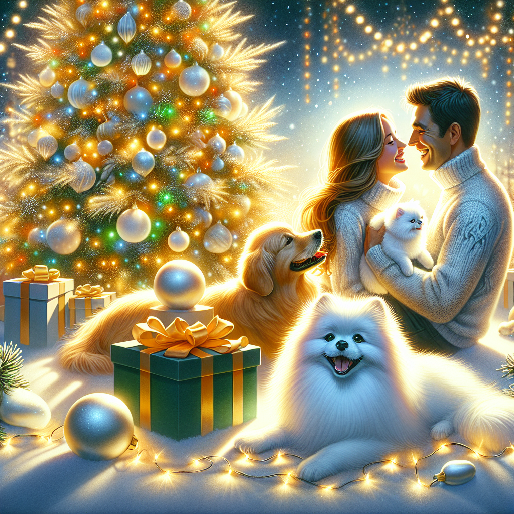 A heartwarming Christmas-themed illustration featuring a golden retriever and a white Pomeranian dog frolicking in the snow near a festively decorated tree, with a majestic white Persian cat perched on a gift box. In the background, a smiling male and female couple are holding hands, their silhouettes illuminated by the soft glow of Christmas lights.
Generated with these themes: Golden retriver, White pomeranian dog, White persian cat, and Male and female couple.
Made with ❤️ by AI.