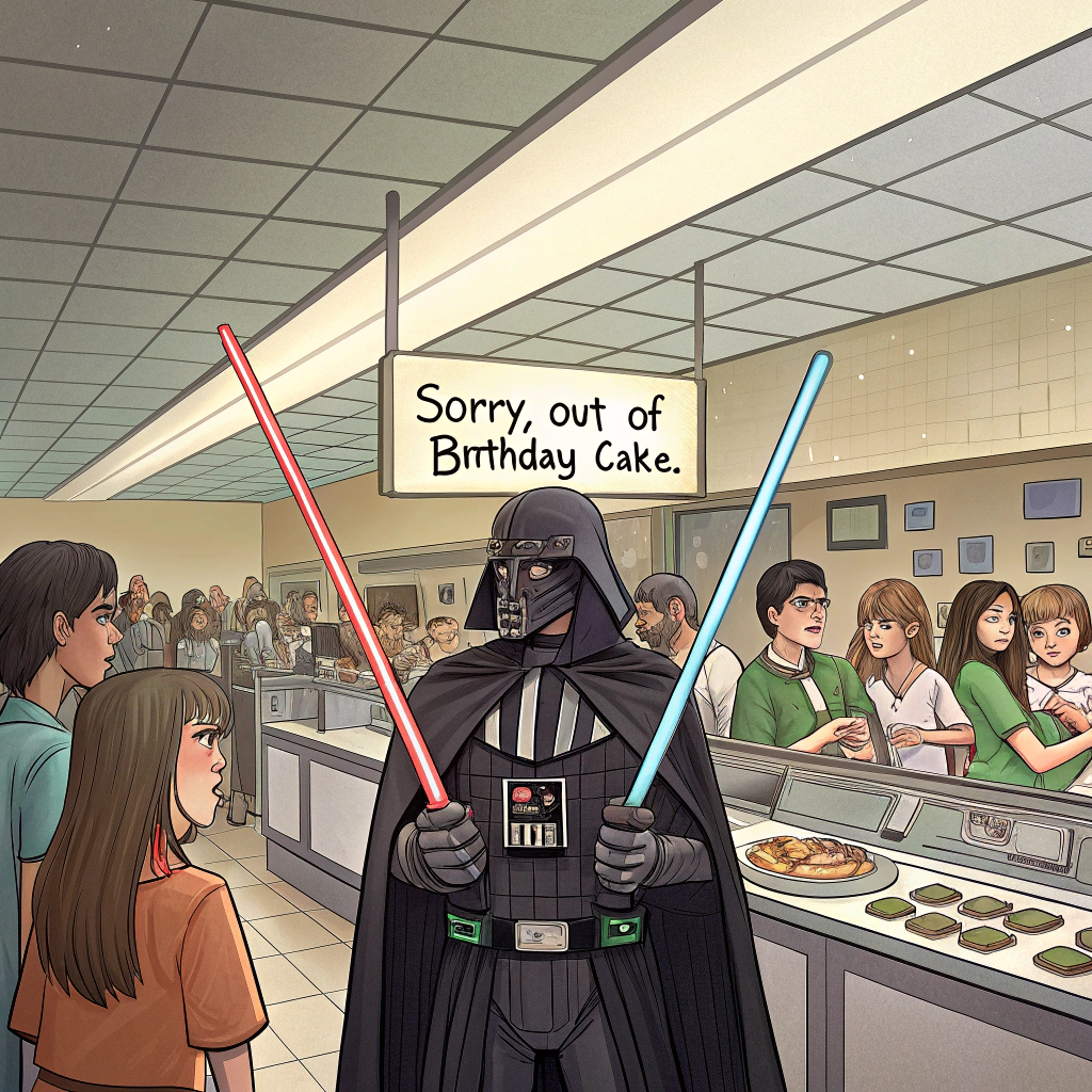 At the top of the image, "Carolyn, the cafeteria's out of cake… but Darth Vader says, 'Use the forks!'"

- Depict a realistic photo-style scene of a busy high school cafeteria. In the center, Darth Vader stands in full black armor, holding two shiny cafeteria forks crossed like lightsabers.  
- He's dramatically poised in front of a sad-looking dessert counter with a handwritten sign that reads, “Sorry, out of birthday cake.”  
- Surrounding him, bemused lunch-ladies in hairnets and teens with trays stare on in a mix of confusion and delight.  
- There's a slice of meatloaf suspiciously shaped like the Death Star on one tray in the foreground.  
- Include a birthday balloon floating in the background that reads, “May the carbs be with you!”
Generated with these themes: Darth vader, and Cafeteria.
Made with ❤️ by AI.