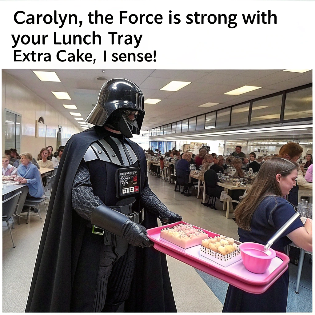 At the top of the image, "Carolyn, the force is strong with your lunch tray—extra cake, I sense!"

- In the realistic photograph image, Darth Vader is standing in a bustling school cafeteria line, awkwardly holding a pastel pink tray overflowing with birthday cake, jelly, and an extra pudding cup.  
- Behind him, cafeteria workers in hairnets glance nervously at the hovering lightsaber he's using to slice the cake with extreme precision.  
- Kids nearby are laughing or pointing, some dressed as other Star Wars characters (a Stormtrooper spilling milk, a Chewbacca trading jelly for fries).  
- Balloons float in the background, spelling “Happy Birthday Carolyn” in bold block letters taped unevenly above the sneeze guard.  
- The whole scene is hilariously out of place but vividly realistic—like a moment snapped at an absurd sci-fi school lunch birthday party gone off-script.
Generated with these themes: Darth vader, and Cafeteria.
Made with ❤️ by AI.