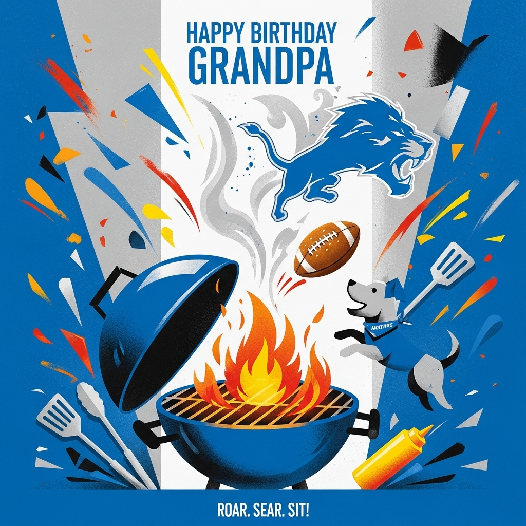 At the top of the Abstract Style image, Happy Birthday Grandpa!

- Bold, modern abstract scene bursting with geometric shapes and fluid curves; high-contrast colors and dynamic brush-stroke textures.
- Palette: Detroit Lions Honolulu blue and metallic silver as primaries, with charcoal black, ember orange, mustard yellow, and crisp white highlights.
- Central focus: a circular grill rendered as a cobalt-blue disc with silver crosshatch “yard-line” grill marks; flames are jagged orange triangles and swooping curves.
- Rising smoke morphs into a stylized roaring lion silhouette in blue and silver (Detroit Lions vibe, no literal logo), with energetic brush swipes and splatter.
- A playful dog made of simple shapes (triangular ears, round snout, wagging curved tail), wearing a Honolulu-blue bandana; the dog leaps to “intercept” a flying burger stylized like a football with sesame-seed “laces.”
- Grill lid subtly echoes a football helmet profile; tongs form goalposts; spatula as a sideline marker; ketchup and mustard streaks arc like playbook arrows around the scene.
- Confetti-like blue and silver shapes and motion trails amplify the celebration; strong highlights and shadows for punchy, poster-like contrast.
- Composition: portrait orientation, energetic diagonals, layered textures, crisp overlaps; generous negative space around the top for the main text, minimal text elsewhere.
- Keep it painterly and abstract rather than realistic; emphasize thick impasto strokes, dry-brush textures, and clean vector-like edges.

Additional small caption: place at the bottom in playful brush lettering, Roar. Sear. Sit!
Generated with these themes: The Detroit Lions, Grilling , His dog, and .
Made with ❤️ by AI.