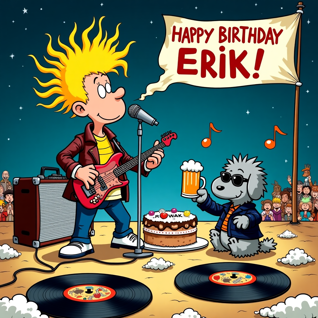 In the middle of a vibrant, cartoon-style rock concert scene, set under a starry night sky, stands a quirky rock singer with a wild blonde mohawk that seems to defy gravity, reminiscent of the exaggerated features seen in R. Crumb's work. The singer is belting out tunes into a classic silver microphone, which is plugged into a vintage amplifier. Scattered around his feet are vinyl records, with their labels brightly colored and featuring whimsical artwork, each one depicting a different birthday wish. Off to the right, a fluffy grey dog with a cheeky grin, similar in charm to Snoopy from Peanuts, is wearing a tiny leather jacket and sunglasses, holding a half-full mug of frothy beer in its paw, raising it high in a toast. The dog is sitting on a pile of records, as if they were pillows. 

In the foreground, a large cake shaped like a turntable is displayed, its platter bearing an icing record with "Happy Birthday Erik" piped in bold letters, a nod to Gary Larson's love of wordplay. Surrounding the cake are cartoon-style clouds made of whipped cream, floating just above the scene, with little musical notes hopping out from the singer's mouth and dancing around in the air, reminiscent of the lively backgrounds in Calvin and Hobbes. To tie everything together, above the stage, a sky banner held up by two tiny cartoon birds (channeling a touch of Disney magic) flutters in the night breeze, reading "Rock On, Erik!" in big, bold letters. In the background, an audience of excited animals, each in different rock attire, cheer enthusiastically, adding to the festive atmosphere of this unique birthday celebration.
Generated with these themes: Rock singer with blonde mohawk,vinyl records, beer & fluffy grey dog .
Made with ❤️ by AI.