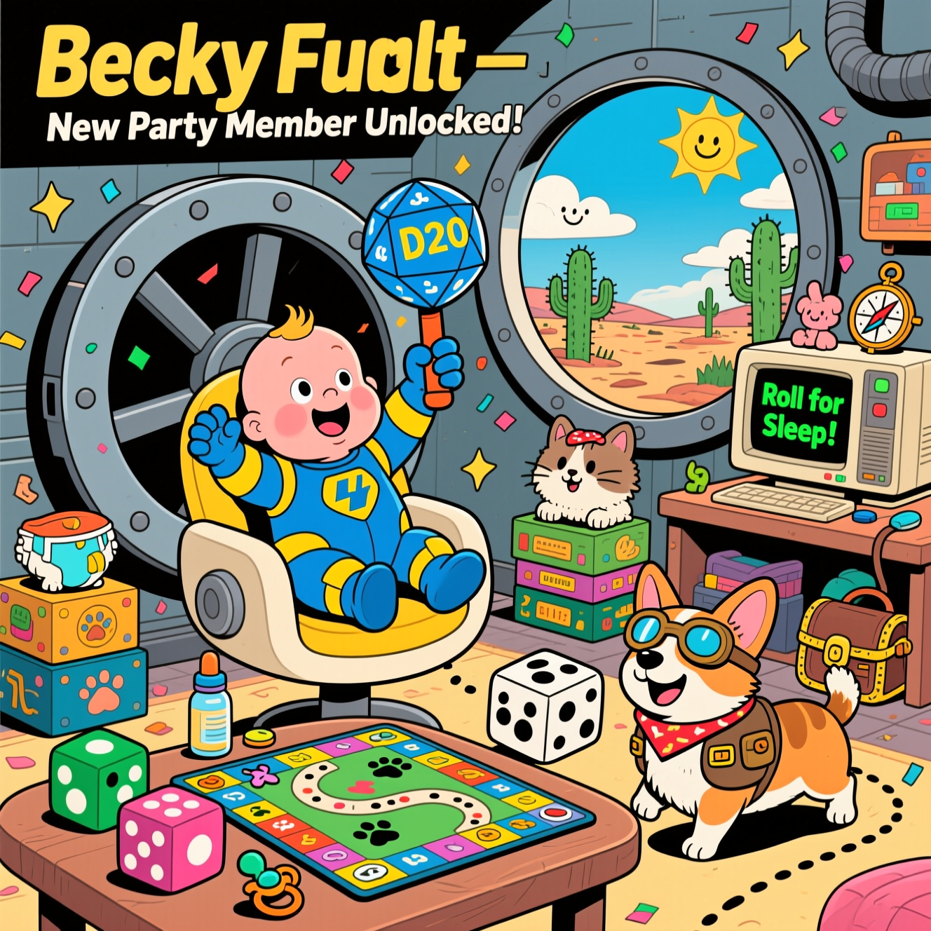 Fallout, Tabletop gaming, hunting, computers, cats and dogs., and New-baby Card