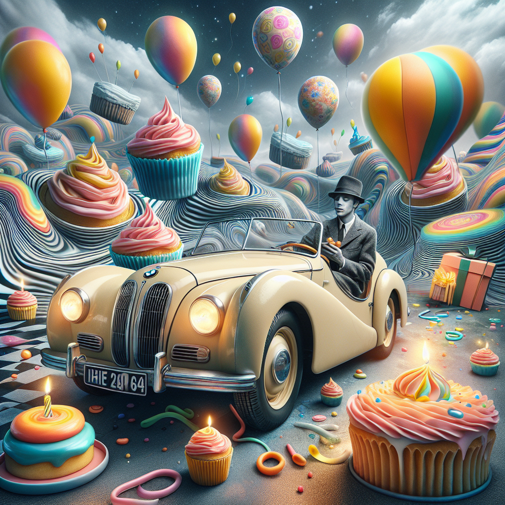 Create an imaginative scene set in a dreamscape filled with a birthday party. The surroundings are surreal with floating cupcakes and balloons that ripple and twist the fabric of this dreamlike world. A nostalgic BMW appears as if through a ripple in reality, its wheels turning into vibrant, rotating birthday cakes. An enigmatic individual labeled as 'Brother' sits in the car, wearing a mild smile. He holds a gift in his hands that shines with an intriguing light, suggesting the presence of something extraordinary tucked inside.
Generated with these themes: BMW , and Brother .
Made with ❤️ by AI.