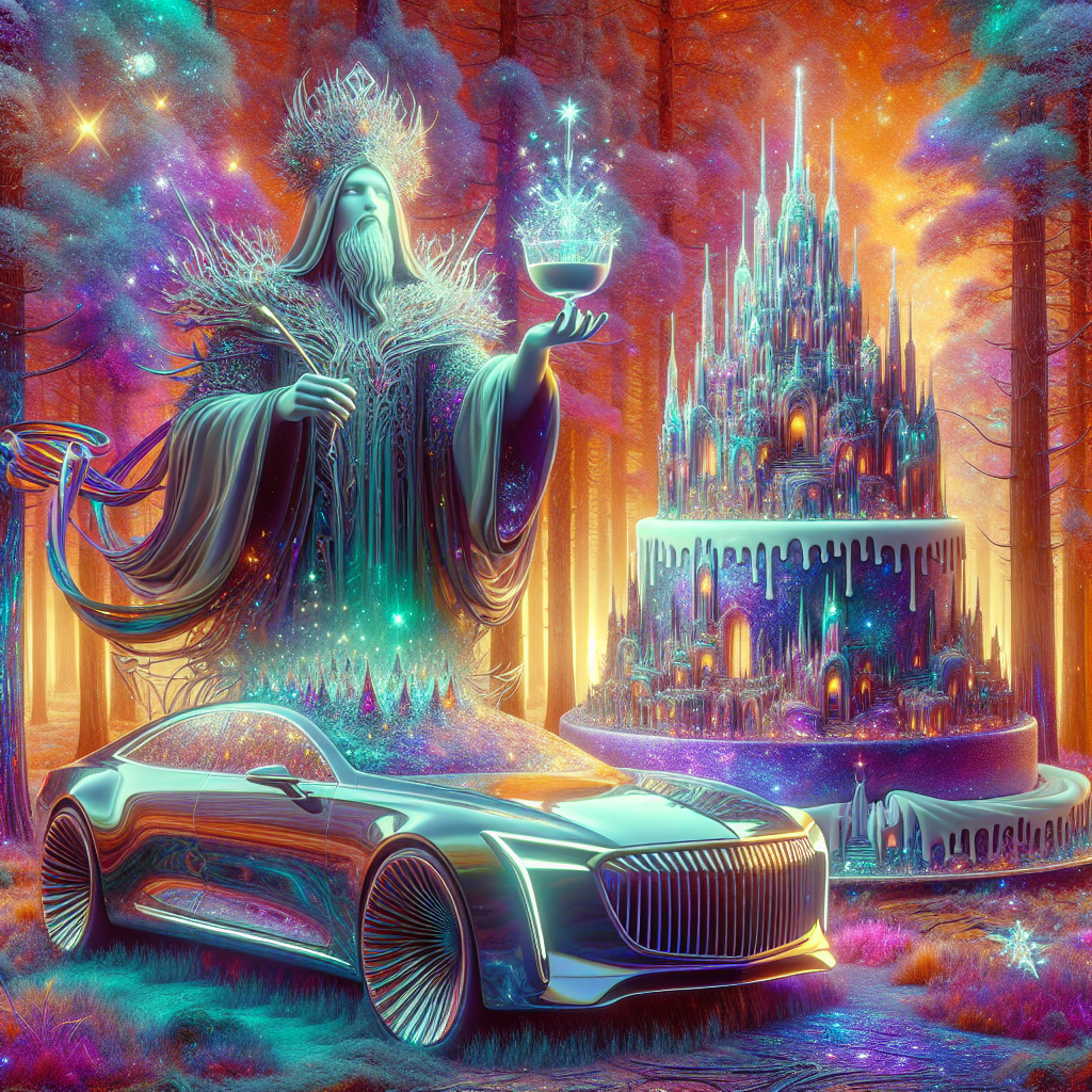 In the second variation, visualize a whimsical forest steeped in a spectral glow. Dominating the heart of this enchanting space stands a towering birthday cake, with detailed icing garnishing creating the impression of a cityscape. Parked alongside, visualize a glossy, modern car with sleek lines, its polished exterior mirroring the surreal surroundings. A brother-like figure holds guard on the hood, his figure adorned in a cloak crafted from iridescent party streamers, proffering a toast of celebratory sentiments with a chalice brimming with liquid stars.
Generated with these themes: BMW , and Brother .
Made with ❤️ by AI.