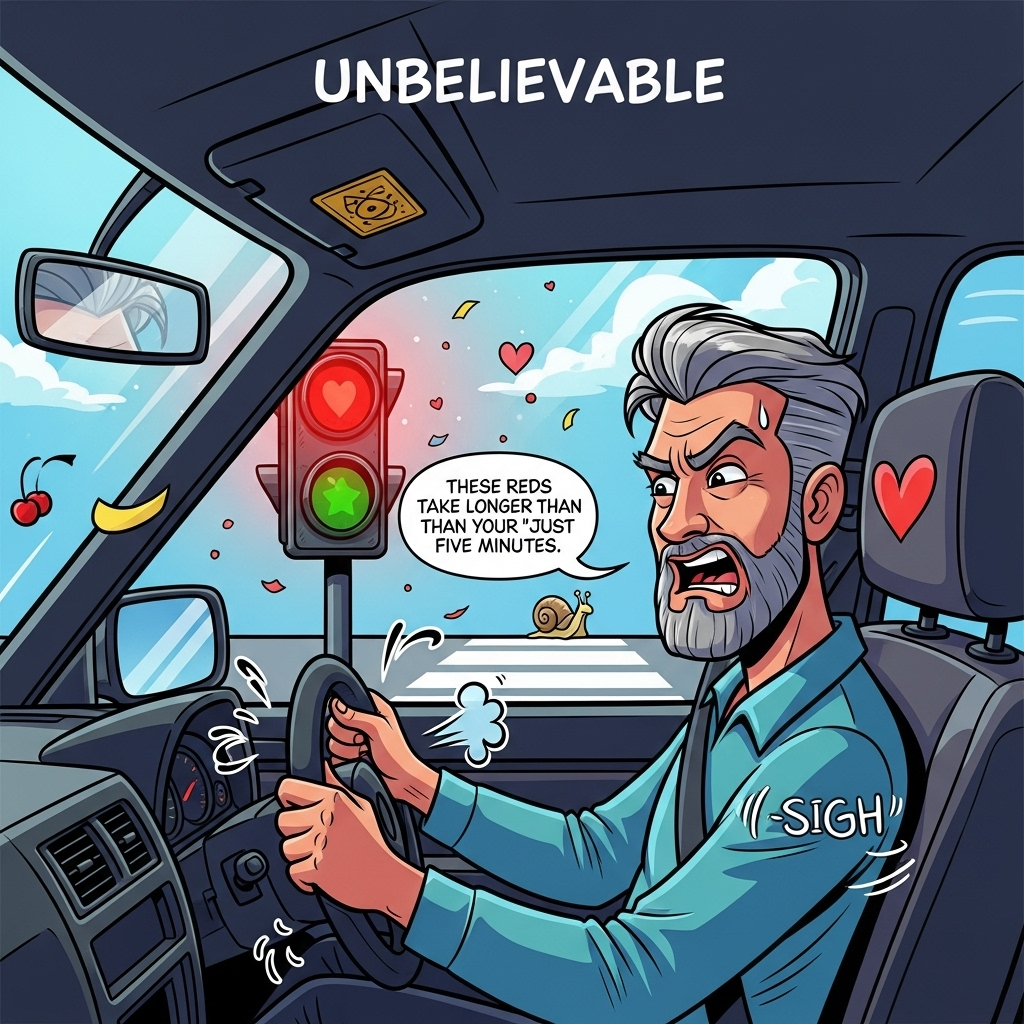 At the top of the Cartoon Style image, "Unbelievable"

Playful, bold cartoon scene with exaggerated proportions, thick black outlines, and bright saturated colors: inside a car from a 3/4 passenger-seat angle, a handsome silver‑fox guy with neatly styled grey hair and a well-groomed beard grips the steering wheel, eyebrows arched and mouth mid‑groan, comically moaning about how long red lights take. Outside the windshield, a huge glowing red traffic light dominates the view; add whimsical touches like a tiny snail inching across the crosswalk and subtle floating heart confetti and a heart-shaped air freshener to nod to the anniversary vibe. One hand drums impatiently on the wheel; little doodle motion lines and a sigh puff show exasperation. Bright, punchy palette (cherry reds, sky blues, lemon yellows, teal interiors), glossy highlights, and energetic poses. Include a small speech bubble from the man that says: These reds take longer than your 'just five minutes'. Clean background, no brand logos. Emphasize fun, romantic, and humorous tone.
Generated with these themes: Moaning about traffic lights, and .
Made with ❤️ by AI.