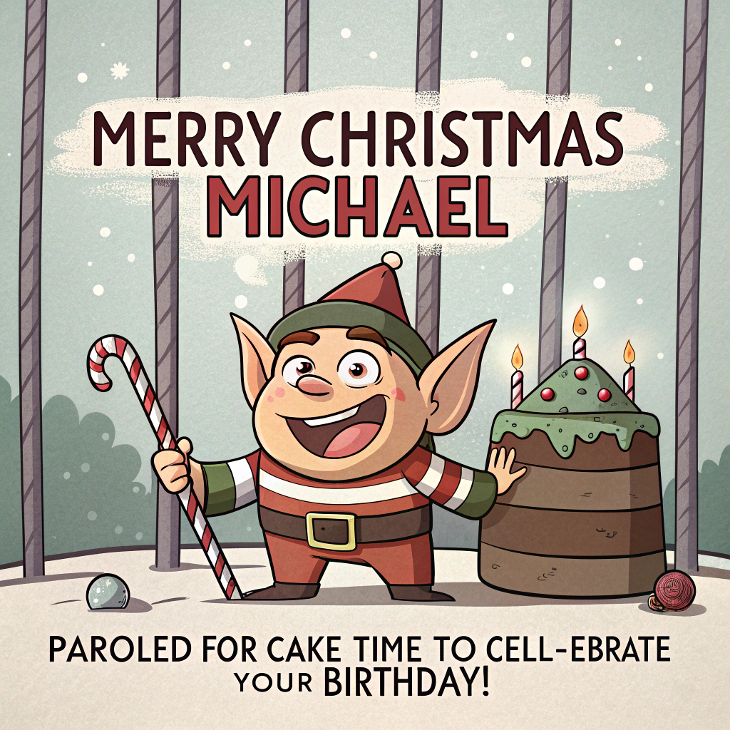 At the top of the Cartoon Style image, "Merry Christmas Michael"

At the bottom of the image, "Paroled for cake—time to cell-EBRATE your birthday!"

In the center, depict a playful cartoon scene: a mischievous elf with oversized pointy ears, huge grin, and stubby body wearing a candy-cane striped inmate jumpsuit and a tilted party hat, peeking from behind chunky candy-cane prison bars. He hoists a towering birthday cake with candles shaped like tiny prison bars; a shiny ornament ball-and-chain dangles comically from his ankle. A small wooden sign above the cell reads "Naughty List Penitentiary — Cell Block Ho-Ho-Ho." A gingerbread warden with an oversized keyring watches with a comically stern face while another elf inmate in the next cell tosses confetti and balloons. Use thick black outlines, exaggerated proportions, bright saturated reds, greens, and golds; add twinkly string lights, sparkly snow, and a frosty teal gradient background for whimsical, energetic vibes.
Generated with these themes: Prison, Elf, and .
Made with ❤️ by AI.