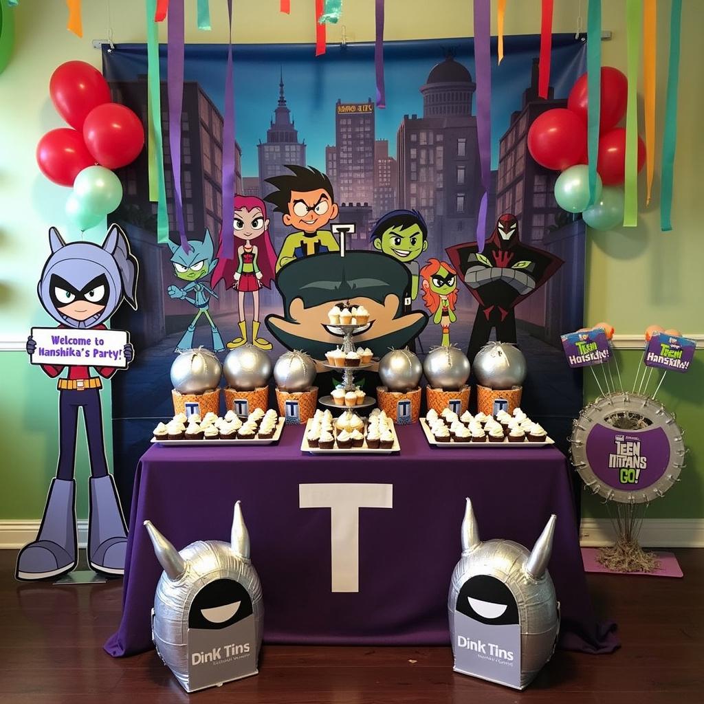 The scene is set against a large vinyl backdrop of Jump City, with the Titans in action poses, and in the foreground, a life-size cardboard cutout of Raven holding a sign that says 'Welcome to Hanshika's Party!' The central table features a series of cupcakes arranged to depict the face of Beast Boy, each with a letter on top to spell out 'Hanshika'. On the corners of the table are shaped balloons of Cyborg's head, with silver metallic sheen reflecting the light. A party favor stand to the side holds goodie bags with the Teen Titans GO! logo and 'Thank You, Hanshika!' adorned on them. Streamers cascade from the ceiling, each tape colored to match the theme, and they lead towards a piñata in the shape of the T-logo, waiting to be burst open.
Generated with these themes: Teen Titans GO.
Made with ❤️ by AI.