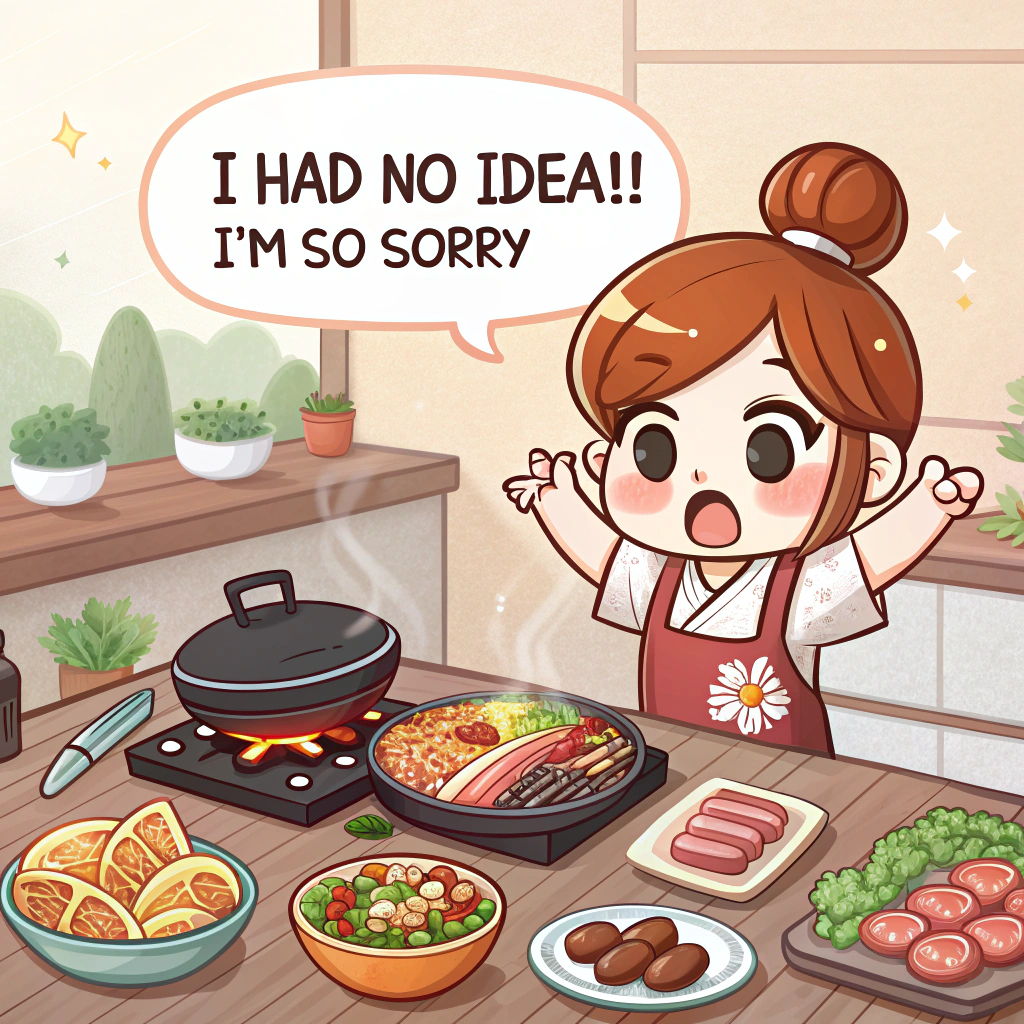 At the top of the Cartoon Style image, "I had NO idea!! I'm so sorry"

Create a bright, playful cartoon scene with thick black outlines and saturated colors: In a cozy apartment kitchen, a whirlwind of a wife (exaggerated big eyes, energetic pose, messy bun, cute apron) is juggling tongs over a sizzling tabletop KBBQ grill piled with short ribs and pork belly, surrounded by banchan bowls, lettuce wraps, and shimmering kimchi reds and sesame golds. Smoky swirls rise dramatically, forming big curlicues and exclamation shapes near the headline, while a tiny wall calendar behind her sheds pages to hint “years ago” without words. In the foreground, a sheepish husband with oversized puppy-dog eyes kneels, offering a bouquet made of lettuce, scallions, and sesame, plus an oven mitt and a mini fan—equal parts apology and peace offering. Keep the mood warm and funny, with whimsical motion lines, sparkles, and heart-shaped puffs in the smoke; no extra text in the scene.

At the bottom of the image, "Next time, I grill—you chill."
Generated with these themes: Sorry to my wife for making her cook kbbq years ago, and .
Made with ❤️ by AI.