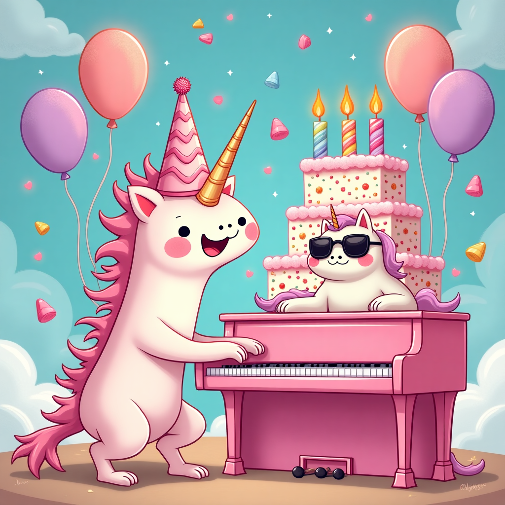 Axolotyl, Piano, Cake , and Unicorn Birthday Card