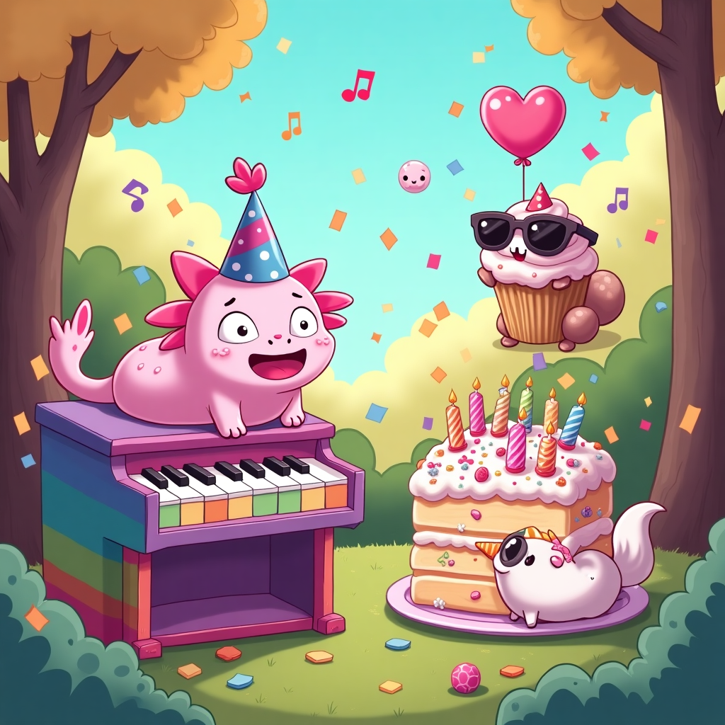 **Image Prompt:**  
At the top of the cartoon image: **"Happy Birthday, Emily! You're UNICORN-TROLLED and AXOLO-TOTALLY awesome!"**

A bright and playful cartoon scene in a pastel-colored magical forest. At the center, a wide-eyed, pink axolotl wearing a tiny party hat sits on a rainbow-painted piano, its tiny fingers adorably pressing random keys. Confetti bursts from the piano as it plays magically. To the side, a chubby, sparkly unicorn with frosting smeared on its horn is gleefully diving headfirst into a giant layered birthday cake shaped like a piano, complete with candle “keys” and colorful sprinkles flying in all directions. Floating above them are smiling musical notes, twirling with party balloons. A whimsical squirrel wearing sunglasses is dancing on top of a cupcake in the background. The overall vibe is joyfully chaotic and impossibly cute — like Emily's very own enchanted birthday bash!
Generated with these themes: Axolotyl, Piano, Cake , and Unicorn .
Made with ❤️ by AI.