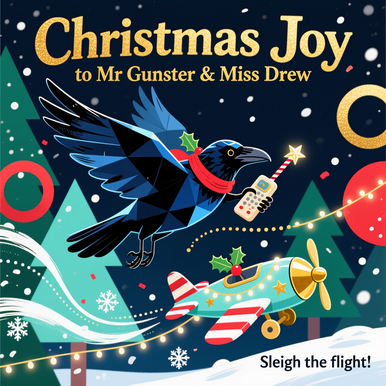 At the top of the Abstract Style image, "Christmas Joy to Mr Gunster & Miss Drew" in shimmering gold, playful geometric lettering with soft rounded edges, gently arced and crisply legible.

Cute Christmas abstract scene: an elegant raven in mid-flight, its body built from glossy obsidian and midnight-blue geometric facets that flow into sweeping, ink-like brush-stroke wings. The raven clutches a tiny retro remote in one claw (candy-cane striped antenna tipped with a twinkling star), steering a whimsical RC plane below. The plane is stylized and toy-like with candy-cane stripes, a gold nose cone, and star decals, strung with tiny fairy-light dots; its path carves dynamic, fluid curves of sparkling snowflake confetti and dotted flight lines across the composition. Background is a bold, modern expressive abstract: deep navy night field with pine-green triangles (suggestive trees), crimson and gold circles and rings (ornaments), and icy mint and white gusts that arc through the scene; high-contrast palette with dynamic brush textures and crisp negative space. Add cozy golden rim-light on feathers and plane edges, soft wintry glow, delicate bokeh snow speckles. Keep the mood cute and whimsical, with a small holly sprig behind the raven’s ear or a tiny red scarf for charm. Portrait orientation, large central image, strong diagonal motion from lower-left to upper-right. Optional small caption near the bottom-right in a tiny playful font: “Sleigh the flight!”
Generated with these themes: Elegant raven is flying a rc plane, and .
Made with ❤️ by AI.