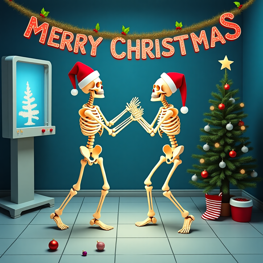 In a charming and delightfully whimsical setting, the X-ray room has been transformed into a festive wonderland for this Christmas card cover. At the heart of the scene, two jovial skeletons are caught mid-twirl, gracefully dancing across the tiled floor. They’re dressed festively with bright red Santa hats perched jauntily on their skulls, and shimmering gold and silver tinsel elegantly draped around their necks, bouncing with each spirited step. Above them, a vibrant "Merry Christmas" banner hangs, strung between two strategically placed X-ray machine arms, its letters crafted in bold, playful font and adorned with small holly leaves. The room's large lightbox, typically used for viewing X-ray films, now showcases an illuminated image of a Christmas tree made entirely of cleverly positioned bones. In the corner, a small, real Christmas tree stands proudly, its branches twinkling with tiny white lights and miniature ornaments that reflect the light like tiny prisms. A lone star made from glittering silver sits atop this festive fir, casting a gentle glow over the merry scene. Scattered on the floor are a few merry little baubles and a pair of red and white striped stockings, which give the impression that these skeletons have brought Christmas spirit to even the most unexpected places. The entire scene is a charming juxtaposition of the clinical X-ray room and the joyous holiday season, creating a visual story that promises a uniquely memorable Christmas greeting.
Generated with these themes: Skeletons dancing wearing Santa hats, and tinsel  around neck, Merry Christmas banner, X-ray room, and Small Christmas tree.
Made with ❤️ by AI.