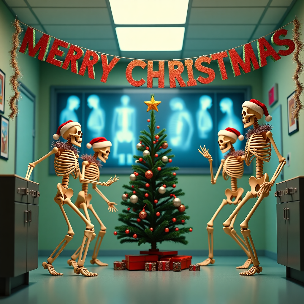 In a cozy, softly lit X-ray room, the scene unfurls with an unexpected twist of holiday cheer. The walls, usually bare, are festively adorned with strands of sparkling tinsel that glimmer under the fluorescent lights. In the center of the room, a small, endearingly crooked Christmas tree stands proudly on a table, its branches laden with miniature ornaments and a whimsical star perched atop. Beneath it, a scattering of tiny, wrapped presents adds a splash of color. Dominating the scene are three skeletons, their bleached bones contrasting starkly against the warmth of the Christmas decor. Each wears a jaunty Santa hat perched at a rakish angle, and around their necks, loops of shiny tinsel gleam with every movement. These lively skeletons are caught mid-dance, one striking a pose with an arm outstretched, another caught in a jaunty jig, and the third spinning on one bony heel. Above them, strung across the room, a cheerful "Merry Christmas" banner arches like a festive rainbow. Its letters are bold and vibrant, shimmering with red and green glitter. The backdrop of the room includes an X-ray lightbox, humorously displaying X-rays of the skeletons themselves, adding an element of quirky meta-humor. This juxtaposition of the clinical and the celebratory creates a unique and whimsical holiday vignette, where the unexpected joy of the season comes alive even in the most unlikely of places.
Generated with these themes: Skeletons dancing wearing Santa hats, and tinsel  around neck, Merry Christmas banner, X-ray room, and Small Christmas tree.
Made with ❤️ by AI.