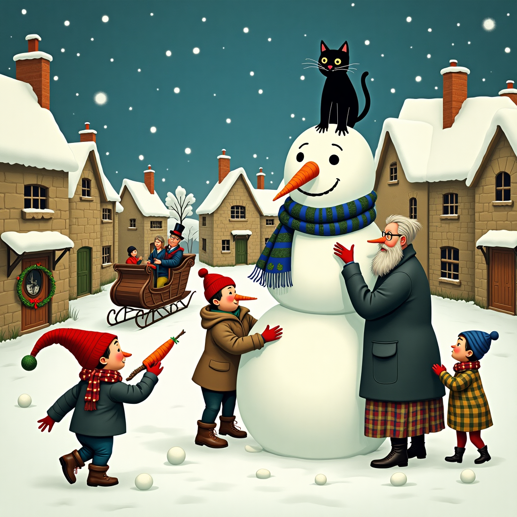 In this whimsical Christmas scene, imagine a bustling wintery village where an array of odd and colorful characters have gathered on a crisp snowy day to build a snowman like no other. In the foreground, the snowman construction is in full swing, with each eccentric villager contributing their unique touch. A small boy in an oversized, vividly red woolen hat, reminiscent of something Beatrix Potter's characters might wear, is balancing on tiptoe to affix a bright, glistening carrot for the snowman's nose, slightly askew. Next to him, a tall, lanky gentleman with a bushy beard and a scarf striped in bold blues and greens—a nod to Quentin Blake's quirky characters—is energetically rolling a lopsided snowball. At the base, an elderly woman, her glasses comically askew and her woolen skirt flapping in the breeze, knits a wildly patterned scarf that magically extends to wrap around the snowman's neck.

Behind them, children scurry around, wearing mismatched mittens and boots, pelting each other with snowballs, adding to the playful chaos. An Aubrey Beardsley-inspired black cat sits imperiously atop the snowman's head, pawing at a twig arm reaching for the sky. In the background, the village's quaint stone cottages are dotted with festive wreaths and string lights that twinkle like stars in a Maxfield Parrish sky, the snow-covered roofs echoing Norman Rockwell's timeless charm. A horse-drawn sleigh adorned with jingling bells glides by, with a driver in a vintage top hat, evoking N.C. Wyeth's adventurous spirit. This lively, layered tableau tells the charmingly chaotic story of a village united in creating a snowman masterpiece—a holiday card scene both timeless and delightfully peculiar.
Generated with these themes: Building a snowman .
Made with ❤️ by AI.