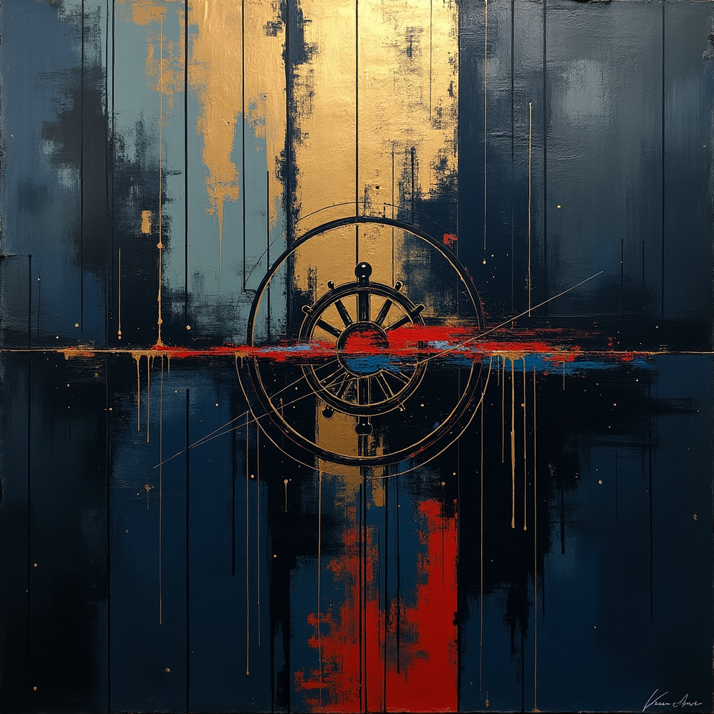 **Prompt:**

At the top of the abstract image, "Aye Aye, Chief Stavros – It’s Your Birthday Voyage!"  

An abstract, solemn-toned image composed of deep navy, charcoal, and brushed metallic gold. Strong vertical and diagonal lines converge like nautical instruments or radar scans, suggesting authority, direction, and introspection. A faint silhouette of a captain's wheel, abstracted and semi-obscured, rotates behind layers of translucent shapes—like distant memories or charted waters. The background texture evokes the steel of a ship’s hull, while occasional bursts of bold red and cobalt signal celebration with restraint. The overall design embraces bold masculinity through clean geometry and purposeful simplicity, capturing the essence of leadership and quiet strength.
Generated with these themes: Boldly Design for Masculine Men, Simplicity, Captain.
Made with ❤️ by AI.