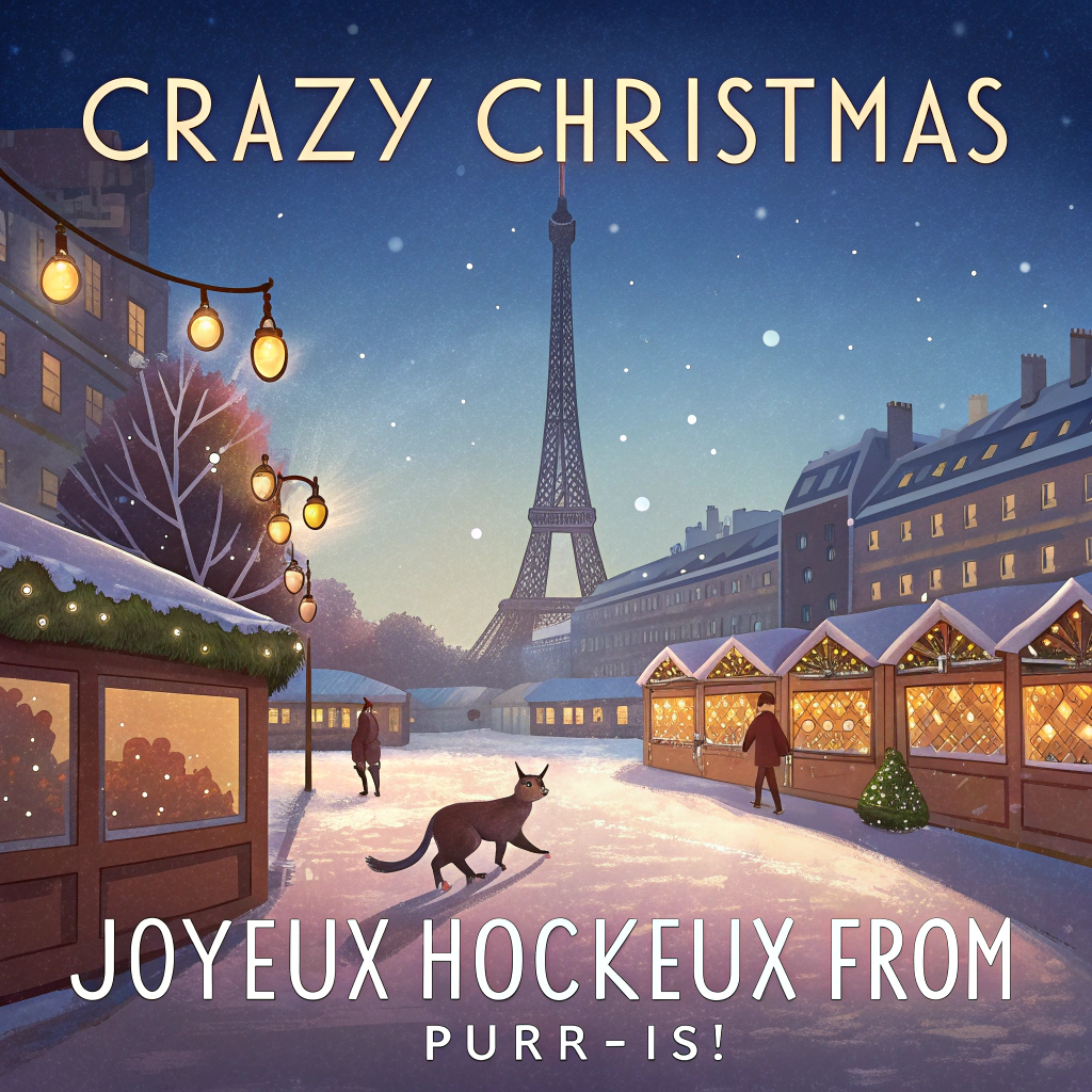 At the top of the Photorealistic picture taken from a camera image, "Crazy Christmas"

At the bottom of the image, "Joyeux Hockeux from Purr-is!"

Ultra‑high‑definition 4K UHD, lifelike textures, accurate lighting, rich depth of field. Blue-hour winter scene on a festive outdoor ice rink in Paris with the Eiffel Tower softly out of focus in the background, warm fairy lights strung across Haussmann façades and market stalls. Low, whisker-level camera angle captures cats mid-play: a determined tabby in tiny ice skates winds up for a slapshot with a candy‑striped mini hockey stick; a black-and-white goalie in a snug knitted scarf guards a tinsel-trimmed net, clutching a baguette like a blocker; a calico slides past in a spray of ice shavings, eyes locked on the “puck” — a glossy red Christmas bauble reflecting the Eiffel Tower and lights. Breath vapor plumes in the cold, delicate snowflakes drift, and the ice mirrors the glow of streetlamps and garlands. Fur detail razor sharp, whiskers crisp, paw pads and skate straps visible; motion frozen with fine ice particles suspended in the air. Natural cinematic contrast, soft golden highlights against cool blue shadows.

Typography and placement: 
- “Crazy Christmas” at the top, large and bold, clean festive white with a thin red outline and gentle drop shadow, centered over the twilight sky for maximum legibility. 
- “Joyeux Hockeux from Purr-is!” at the bottom, playful white script with subtle shadow, positioned over the smooth ice foreground, kept clear of the action. 
No other text. 35mm lens look, f/2.8, 1/1000s, ISO 400, authentic photographic depth and bokeh.
Generated with these themes: Cats playing hockey in Paris, and .
Made with ❤️ by AI.