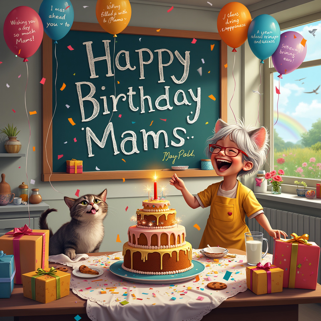 Picture this: A colorful, bustling kitchen scene with "Happy Birthday Mams" scrawled in cheerful, whimsical letters across a big chalkboard on the wall. The room is brimming with life and little surprises. Mams, with her bright apron, is caught mid-laugh, surrounded by a flurry of joyful chaos. There are balloons floating near the ceiling, each adorned with handwritten messages like "Wishing you a day filled with joy and laughter" and "I miss you so much Mams ❤️❤️❤️." 

In the foreground, a mischievous cat is playfully batting at a stream of confetti, while a tiny dog, donning a party hat, eagerly awaits a slice of cake on the counter. The cake itself is an extravagant, multi-layered masterpiece, dripping with colorful icing and topped with sparklers that light up the scene.

On the table, there's a scattered collection of handmade cards and presents wrapped in bright, festive paper. Each gift is adorned with big, shiny bows and tags that read things like "A year ahead brimming with happiness and success." Near the edge of the table, a glass of spilled milk and a half-eaten cookie suggest a child's hurried exit, adding a touch of realism and charm.

In the background, through an open window, you can see a clear blue sky with birds mid-flight and a rainbow arcing gracefully over a blooming garden, suggesting a hopeful and joyous year ahead. This kitchen scene is a bustling, joyous snapshot of love, laughter, and heartfelt wishes, all intricately tied together in a delightful birthday celebration for Mams.
Generated with these themes: Happy Birthday Mams,Wishing you a day filled with joy and laughter, and a year ahead brimming with happiness and success. Happy Birthday! I miss you so much mams ❤️❤️❤️.
Made with ❤️ by AI.