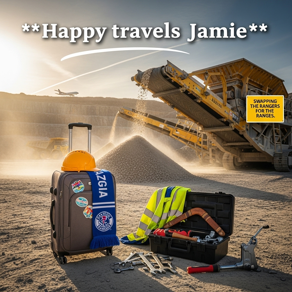 At the top of the Photorealistic picture taken from a camera image, Happy travels Jamie
Title text style: large, bold white sans‑serif with a soft drop shadow, gently arced across the sky for legibility.

Ultra‑high‑definition 4K UHD portrait photo at golden hour in a dusty quarry. Foreground: a scuffed rolling suitcase with Aussie travel stickers, a blue‑and‑white Glasgow Rangers scarf draped over the handle, a hi‑vis jacket, hard hat, and a fitter’s open toolbox scattered with oily spanners, a grease gun, and a wooden boomerang nestled among the tools. Mid‑ground: a massive yellow rock crusher rumbling, conveyor raining glittering aggregate; dust motes glowing in backlight. On a clean yellow safety sign bolted to the crusher’s guard, print a single cheeky line: Swapping the Rangers for the ranges. Background softly blurred: stepped quarry walls, a distant haul truck, and a passenger jet leaving a bright contrail toward the horizon. Natural color grading, lifelike textures of stone and metal, accurate lighting, rich depth of field (tack‑sharp foreground, soft bokeh background). DSLR realism, 35mm lens at f/2.8, ISO 100, handheld waist‑level perspective. Mood: funny, warm, and celebratory, with subtle blue accents nodding to Glasgow Rangers and strong visual cues of Australia and travel.
Generated with these themes: Quarry fitter, Rock crusher, Glasgow rangers, Australia , Traveling, and .
Made with ❤️ by AI.