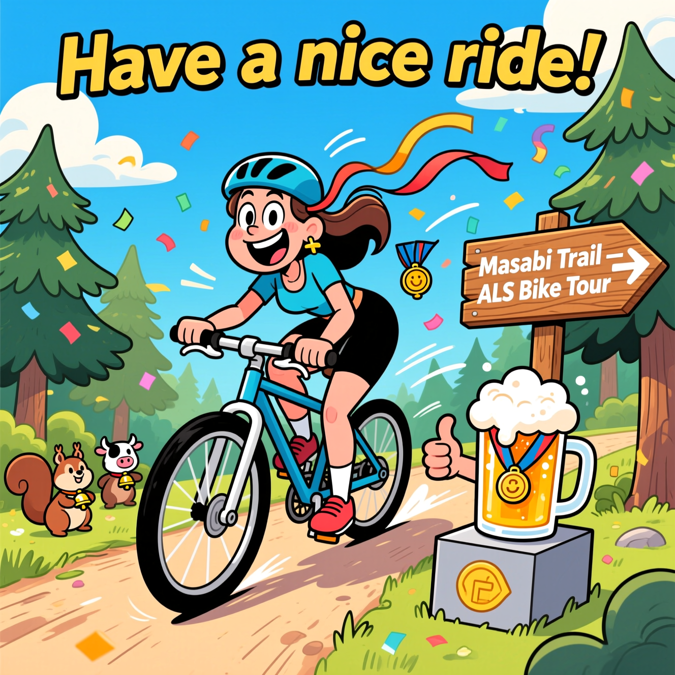 At the top of the Cartoon Style image, "Have a nice ride!"

Playful, funny, high-energy cartoon scene in bright saturated colors with thick black outlines and whimsical, energetic poses. A joyful lady cyclist with exaggerated features (big smile, expressive eyes) is zooming down a sunlit forest bike path, leaning into the turn with streamers on her handlebars, motion lines, and confetti in the air. Beside the path, a wooden sign reads: “Masabi Trail — ALS Bike Tour” with a cheerful arrow pointing forward. Include a comically triumphant frosty pint of beer with a foamy pom-pom head on a little roadside podium, giving a thumbs-up and wearing a tiny medal, cheering her on. Sunny blue sky, puffy clouds, pine trees, and a couple of cute critters (like squirrels with cowbells) for extra humor. Clean cel-shading, bold shapes, crisp contrast, celebratory vibe. No other text.
Generated with these themes: .
Made with ❤️ by AI.