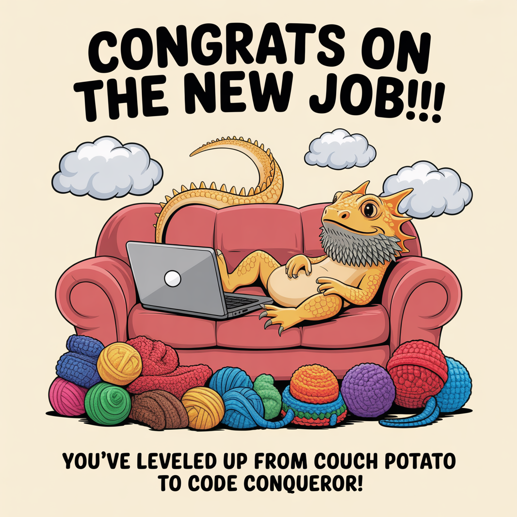 Bearded dragon, coding, sofa, laptop, clouds, crochet, and Congratulations Card