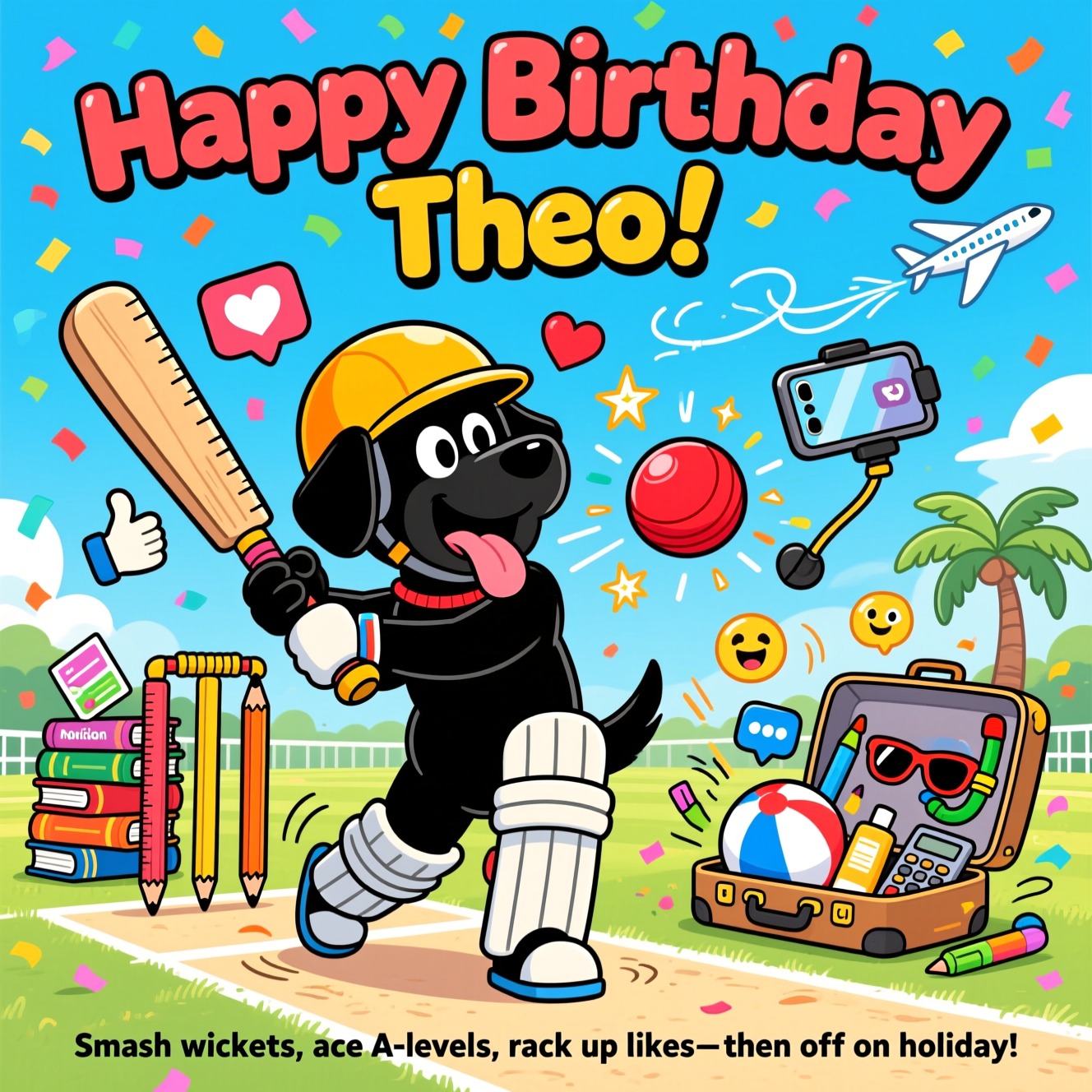 At the top of the Cartoon Style image, place the text "Happy Birthday Theo" in big, bold, bubbly letters with a cricket-scoreboard vibe, surrounded by colorful confetti.

A bright, playful cartoon scene with exaggerated proportions and thick black outlines: On a sunny cricket pitch, a gleeful black Labrador in comically oversized cricket pads and a too-big helmet is mid-swing with an enormous bat, tongue lolling, whacking a red ball that bursts into floating heart and thumbs-up icons (social media) and sparkly stars. The stumps are cheekily made from a giant ruler and pencils (study vibes), and beside them a teetering stack of revision guides, flashcards, highlighters and a calculator whirl with energetic motion lines (A-levels). To one side, an open suitcase explodes with holiday fun—beach ball, snorkel, sunglasses, sun lotion, and a tiny pop-up palm tree—while a plane scribbles a loopy contrail across a candy-blue sky. A smartphone on a selfie stick is strapped to the dog’s helmet, capturing the chaos with cartoon notification bubbles and emoji reactions around it. Colors are bright and saturated, expressions big and goofy, with bouncy shadows, confetti, and whimsical motion lines everywhere for a funny, celebratory vibe.

At the bottom, add a small cheeky caption: "Smash wickets, ace A-Levels, rack up likes—then off on holiday!"
Generated with these themes: Cricket, black Labrador, studying A levels, holidays, social media, and .
Made with ❤️ by AI.