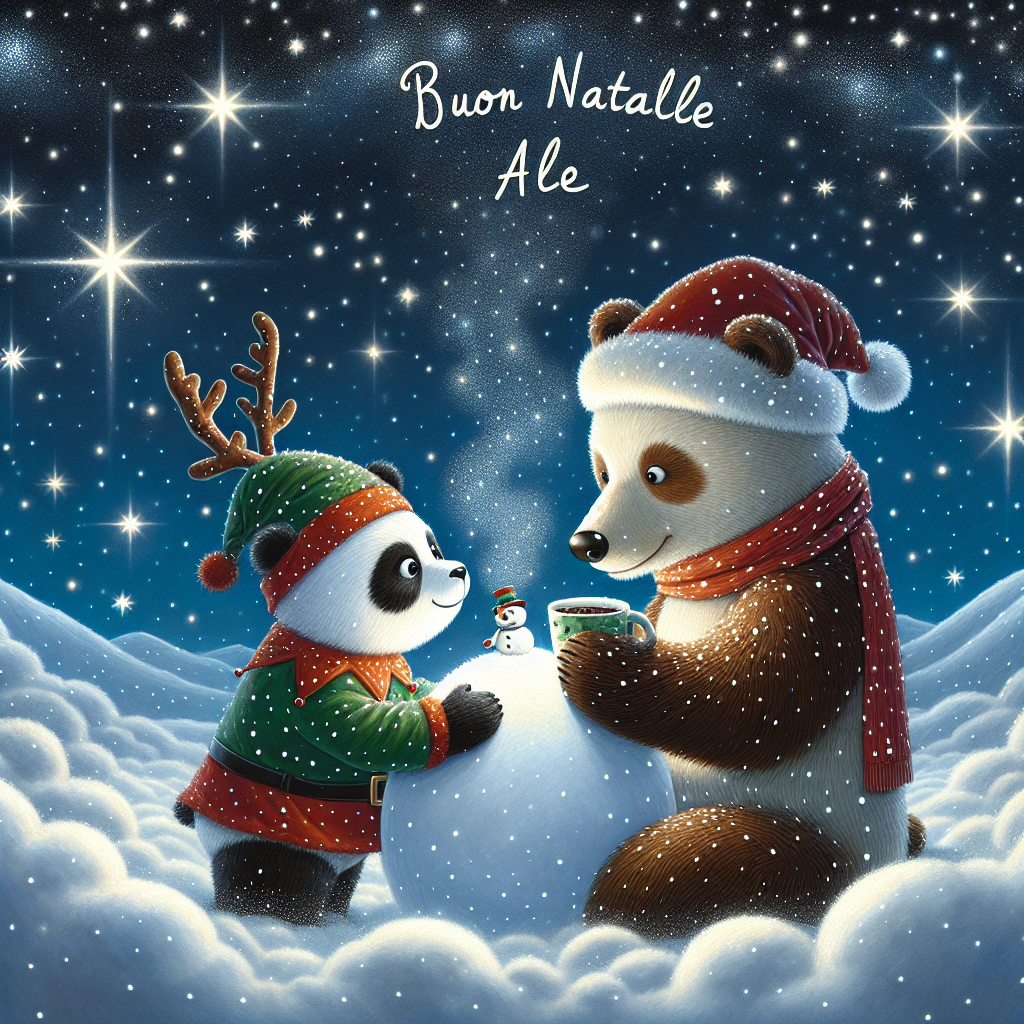 Panda, Bear, Starry sky, Snow, and Hot chocolate Christmas Card