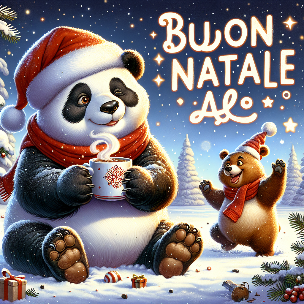 A chubby panda in a Santa hat sits contentedly on a snow-covered ground under a starry sky, a steaming mug of hot chocolate in its paw. Next to the panda, a friendly brown bear with a red scarf is playfully throwing snowballs. Above them, the phrase 'Buon Natale Ale' glows in whimsical, festive lettering, adding a personal touch to the merry scene.
Generated with these themes: Panda, Bear, Starry sky, Snow, and Hot chocolate.
Made with ❤️ by AI.