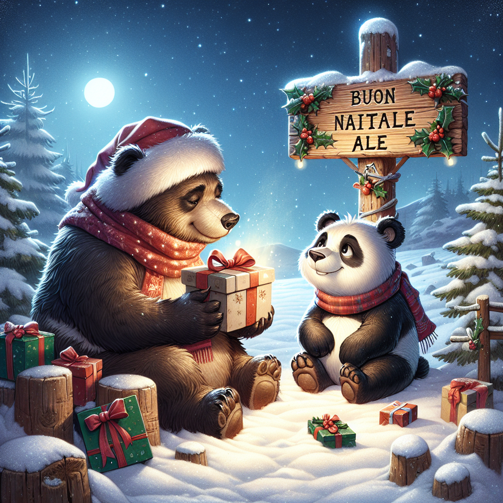 Panda, Bear, Starry sky, Snow, and Hot chocolate Christmas Card