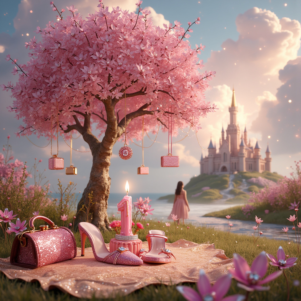 Imagine a vibrant, whimsical scene set in an otherworldly, pastel pink meadow where the sky is sprinkled with sparkling stars and candy-colored clouds. In the foreground stands a lavishly adorned pink diamanté tree, its branches gleaming with glistening gem-like leaves that catch the light from a radiant, oversized 21st birthday candle that floats magically in mid-air. At the base of the tree, a golden picnic blanket is spread out with an array of elegant, high-heeled shoes in various shades of pink and glittering silver, each shoe uniquely decorated with tiny, twinkling diamonds.

Perched gracefully on the branches of the diamanté tree are various designer bags, each one more fabulous than the next. One bag is a deep, velvety pink clutch embellished with sparkling crystals that form the number "21." Another is a classic leather handbag with a large diamanté bow that glows with an almost ethereal light. The bags hang like fruit from the tree, each representing a different year of the daughter’s life.

In the center of this fantastical setting, a young woman, the daughter celebrating her 21st birthday, is depicted. She is dressed in an elegant, flowing dress that mimics the soft hues of the candy clouds above. Her dress is studded with tiny, shimmering gems, and she wears a crown of pink diamonds that glows softly, matching the magical atmosphere. She holds a dainty, glittering purse that sparkles in her hand as if it’s made of stardust.

Surrounding her, a flurry of whimsical creatures—imagine tiny fairies with wings made of lace and light—are busy decorating the meadow with more sparkling pink jewels, attaching them to the flowers and grass. Each flower in the meadow is unique, with petals that look like they are made of soft, pink satin and glitter dusted along the edges.

In the background, a gentle stream of liquid silver winds through the meadow, with stepping stones that are actually pink diamonds, leading towards a majestic castle made entirely of crystal and gemstones. This castle symbolizes the many dreams and adventures that await the daughter as she steps into adulthood.

This scene, rich in detail and whimsy, creates a surreal, realistic birthday setting that captures the essence of a 21st birthday celebration with a touch of magic and glamour.
Generated with these themes: Pink diamontie,bags shoes, Daughter , and 21st birthday.
Made with ❤️ by AI.
