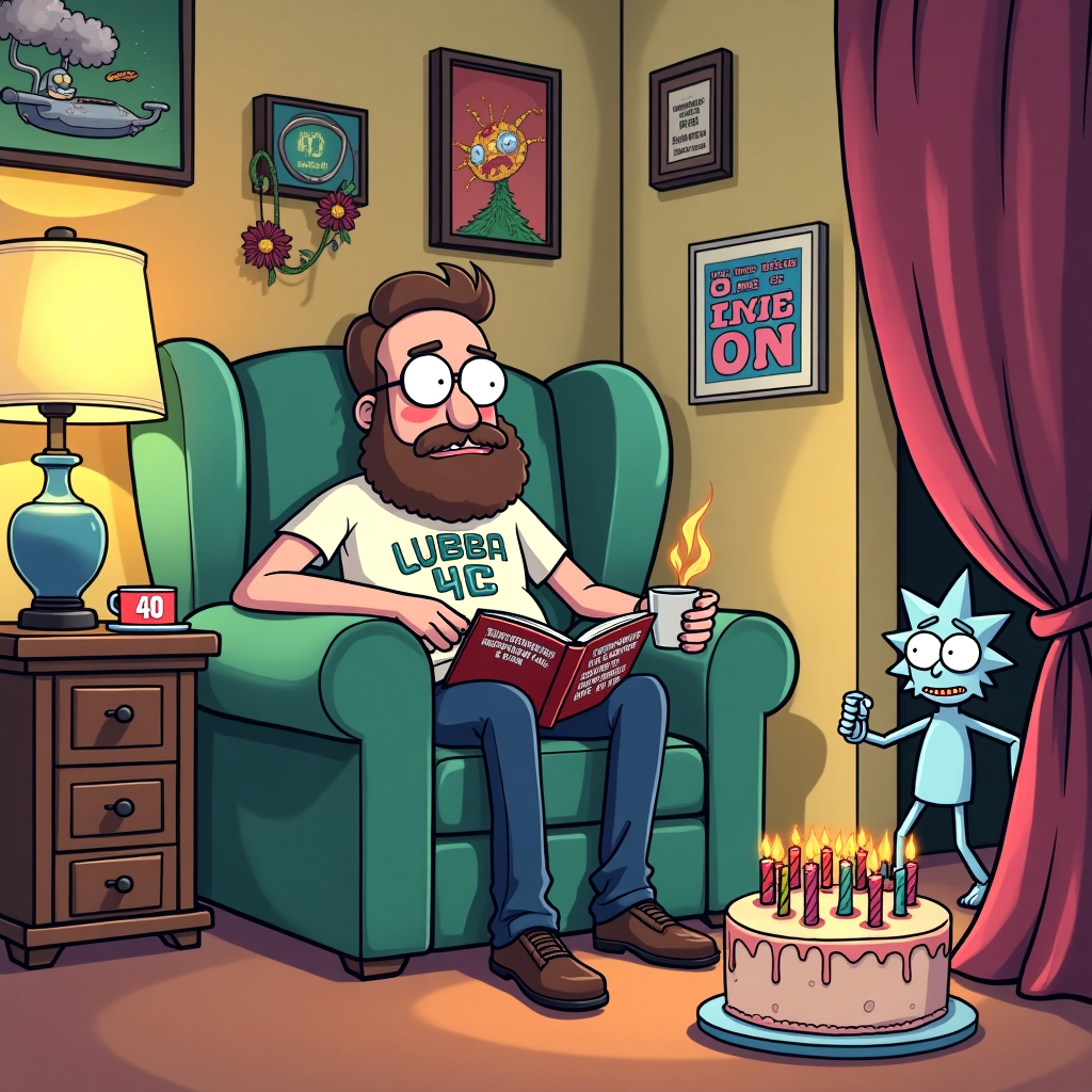 Bearded man reading with a rick and morty top , and Turning 40 Birthday Card