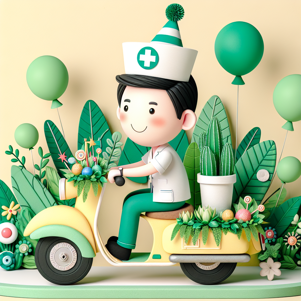 Generate a whimsical birthday card image. The card features a cheerful, Asian, male nurse with a bright smile, surrounded by an array of lush green plants. The nurse is perched on an oversized whimsical motorbike, wearing a party hat and poised as if ready to zoom off to deliver birthday joy. Balloons float around him, adorned with small plant motifs, symbolizing that even at high speeds, he nurtures life in all its forms.
Generated with these themes: Nurse, Plants , and Motorbikes .
Made with ❤️ by AI.