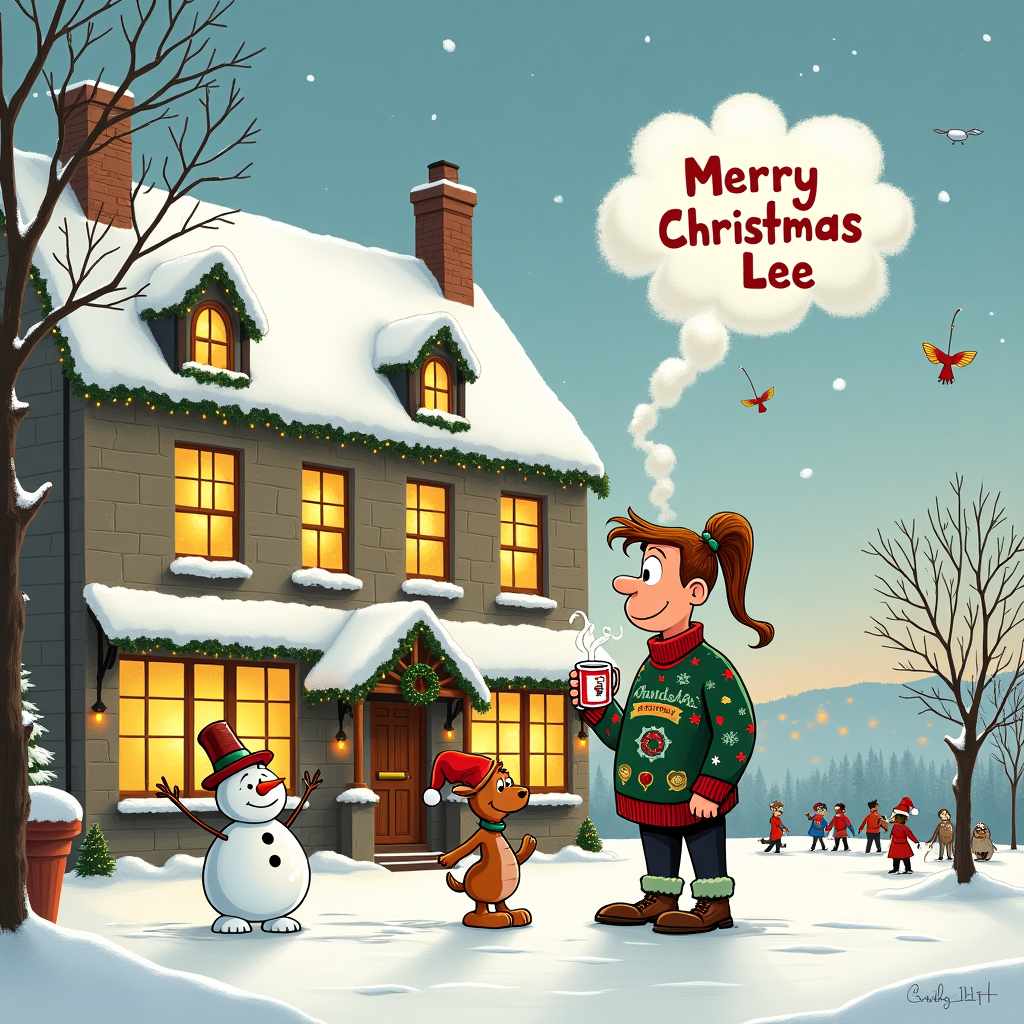 In this whimsical Christmas scene, the historic Foley Arms Hotel in Malvern is charmingly blanketed with a dusting of snow, its windows glowing warmly with festive light. The hotel, drawn with meticulous detail, boasts a grand entrance adorned with a holly wreath and strings of twinkling fairy lights. Outside, a lively group of cartoon characters is gathered, capturing the playful energy reminiscent of Charles Schulz's Peanuts. In the forefront stands a quirky man with an exaggeratedly long ponytail, comically curling and twisting like a mischievous elf's hat. He's wearing a festive sweater, adorned with colorful reindeer and snowflakes, as he gleefully holds a steaming mug of hot cocoa. Beside him, a small, cheeky reindeer with an oversized red nose peers over his shoulder, trying to sneak a sip.

To the left, a jolly snowman, in the style of Bill Watterson’s Calvin and Hobbes, proudly sports a bright orange carrot nose, mismatched button eyes, and a slightly askew top hat. It waves enthusiastically at passersby, adding to the vibrant scene. Above, the sky is a canvas of soft pastels, with fluffy snow clouds gently floating by. In a delightful twist, "Merry Christmas Lee" is whimsically written in the clouds, as though a mischievous wind had scrawled it there. Each letter is crafted to look like it's made of sparkling frost, shimmering against the serene winter backdrop.

In the background, cartoon-style birds inspired by Hergé’s Tintin flit around, playfully carrying strands of tinsel and tiny baubles. The atmosphere is lively and bustling, with distant figures skating on an ice rink, adding to the joyful chaos. The card captures a perfect blend of nostalgia and humor, ensuring that the recipient, Lee, feels a personal touch with the clever integration of their name into the scene.
Generated with these themes: The foley arms hotel Malvern , and Man with a ponytail.
Made with ❤️ by AI.