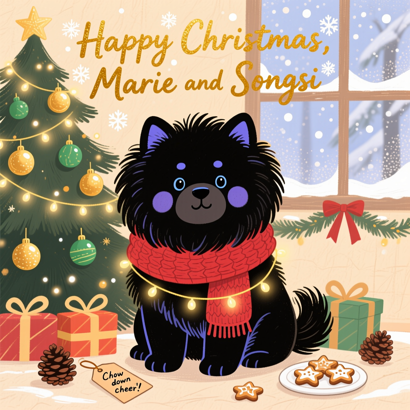 Black chow chow. Christmas with the dog, and Christmas Card