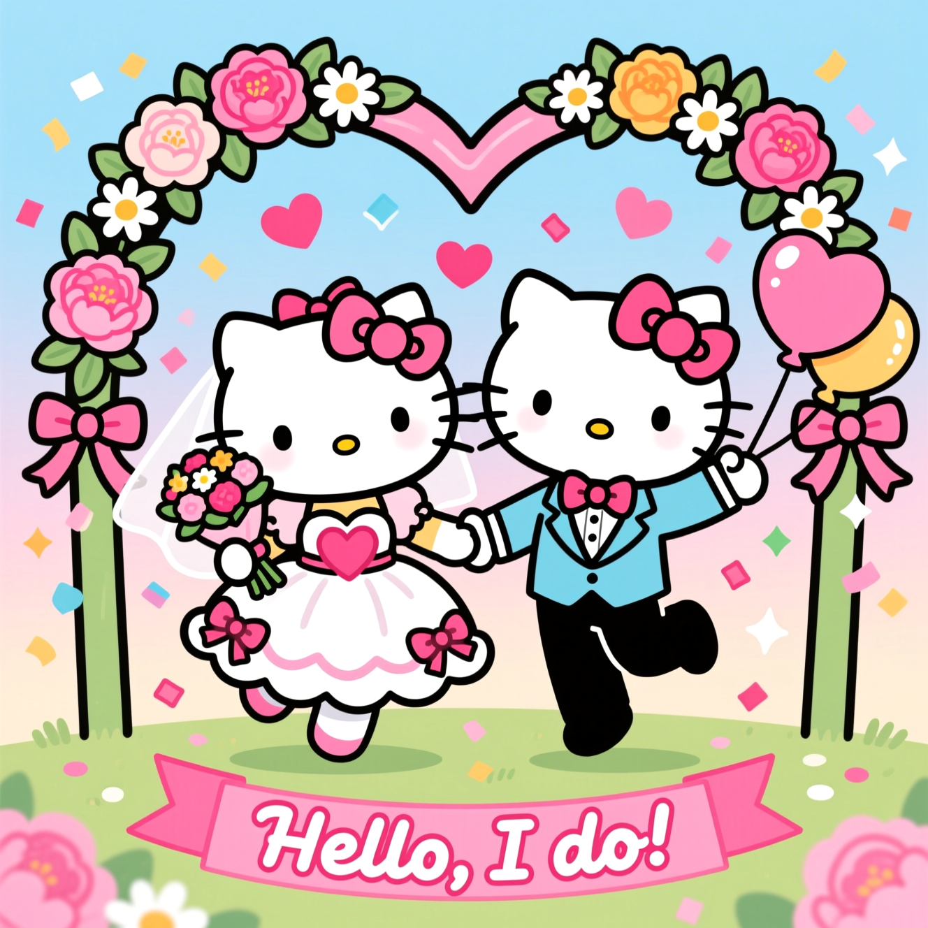 Portrait, super-cute kawaii cartoon wedding featuring Hello Kitty as a joyful bride with her classic bow, wearing a poofy white dress trimmed with pink bows and holding a heart-shaped bouquet; her charming kitty groom in a powder-blue tux and bow tie; both mid-bounce, paws intertwined, as confetti and heart-shaped balloons flutter around them. They stand beneath a heart-shaped floral arch of candy-colored peonies, daisies, and ribbons. Bright saturated colors, thick black outlines, exaggerated chibi proportions (big heads, tiny feet), glossy eyes, playful sparkles, and a soft pastel sky gradient. Composition fills the frame with the couple large in the center. Small caption at the bottom on a pink ribbon banner: “Hello, I do!” in bubbly hand-lettering, hot pink with white outline. Clean vector feel, smooth shading, high contrast, cute mood.
Generated with these themes: Hello kitty, and .
Made with ❤️ by AI.