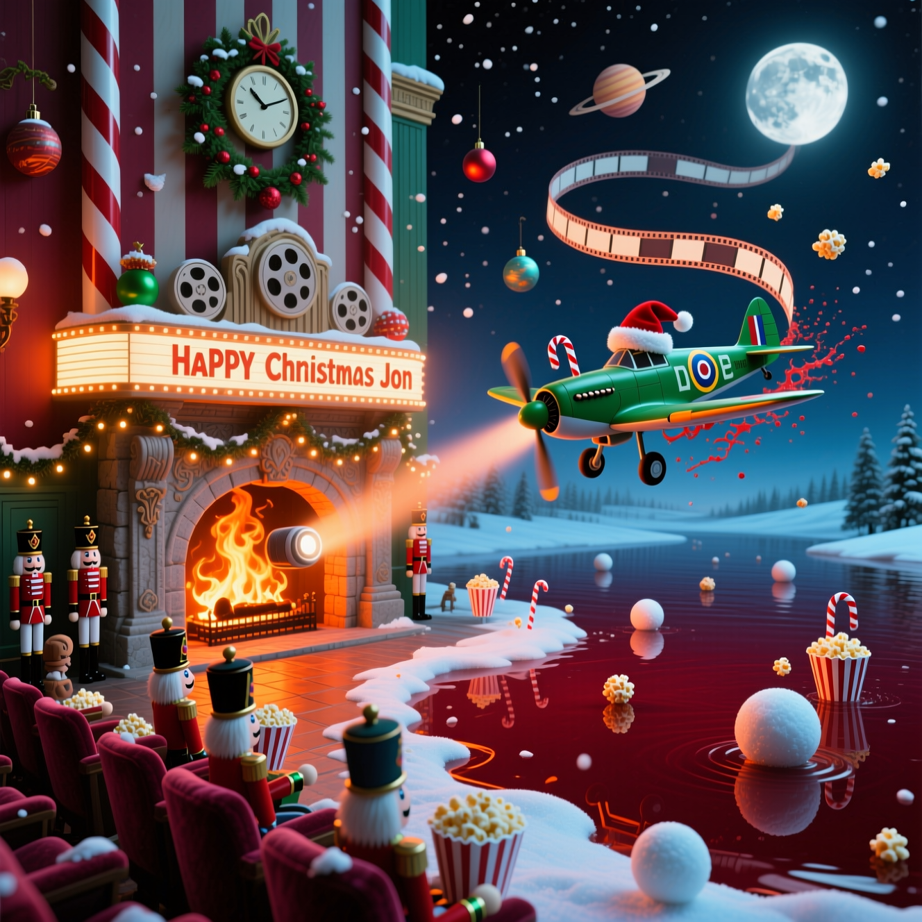At the top of the Surreal Style image, Happy Christmas Jon in candy-cane stripes with a warm ember glow.

Dreamlike, Dali-inspired surrealism: an ornate stone fireplace morphs into an art-deco cinema facade; the hearth acts as a projector, its molten beam curling into the night as a glowing ribbon runway. A holly-green Spitfire with a tiny Santa hat loops along the beam, its corkscrew propeller splashing a vast red-wine lake that pools across the floor; the plane cheekily sips via a candy-cane straw. Around the shoreline, a whimsical, non-violent snowball war plays out: nutcracker toy soldiers in velvet cinema seats lob popcorn snowballs from candy-cane trenches under fairy lights. Melting film reels drape over the mantel like soft clocks, popcorn-snow drifts from the chimney, baubles float like planets, and a mistletoe moon shimmers in the burgundy wine. Ethereal lighting blends ember-orange fireglow with frost-blue moonbeams; elongated shadows, floating objects, and impossible reflections heighten the funny, otherworldly mood. Rich palette: deep burgundy, ember orange, pine green, ice blue. Ultra-detailed, cinematic wide-angle, soft bokeh, gentle film grain, tall portrait, full-bleed composition.

At the bottom, a tiny cheeky caption reads: Air Drop: Pinot & Popcorn.
Generated with these themes: Cinema , spitfire, red wine ,fireplace, war, and .
Made with ❤️ by AI.