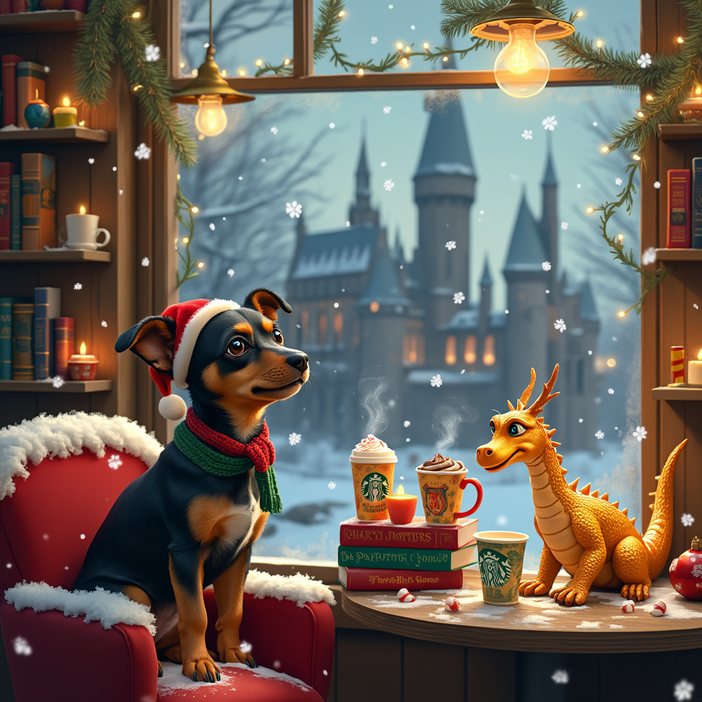 In a whimsical, snow-dusted scene, our story unfolds at a cozy, inviting Starbucks cafe. The window, frosted with intricate snowflake patterns, reveals a bustling interior filled with warm golden light from softly glowing hanging lamps. A black and brown mini dog, adorned with a tiny red Santa hat and a festive green scarf, sits on a cushy armchair, its eyes wide with excitement. Beside it, perched delicately on the armrest, is a miniature golden dragon with shimmering scales that reflect the twinkling fairy lights strung across the ceiling. The dragon is sipping from a miniature Starbucks cup with its claws, steam wafting from the tiny cup.

On the table in front of them, there is a stack of Harry Potter books, their covers adorned with enchanting illustrations, hinting at magical adventures within. The dog’s paw rests gently on "Harry Potter and the Philosopher's Stone," and the dragon's tail curls around "Harry Potter and the Chamber of Secrets." Next to the books, an aromatic pumpkin spice candle flickers merrily, its orange wax slowly melting and casting a warm glow.

Scattered across the table are festive ornaments, including a small golden snitch and a tiny cauldron filled with marshmallows. A couple of colorful, mismatched mugs bearing the Starbucks logo are filled with hot chocolate, complete with whipped cream peaks and candy cane stirrers.

Behind the duo, a bookshelf crammed with more Harry Potter books, various spell books, and magical trinkets stands tall. A few whimsical, cartoonish candles of different heights and shapes, some slightly crooked, are lit and placed sporadically on the shelves. The shelves also host miniature Hogwarts house banners, adding a vibrant touch to the scene.

Outside the window, snow gently falls, creating a serene backdrop with a faint outline of Hogwarts in the distance, its turrets and spires bathed in a soft, ethereal light. The snow-covered ground outside shows paw and claw prints leading up to the cafe door, hinting at the adventurous journey the dog and dragon took to get there.

This charming scene, blending festive cheer with magical elements, perfectly captures the essence of Christmas with a delightful twist.
Generated with these themes: Black and brown mini dog, Mini Golden Dragon, Books, Starbucks, Harry Potter , Candles, and Pumpkin spice candle .
Made with ❤️ by AI.