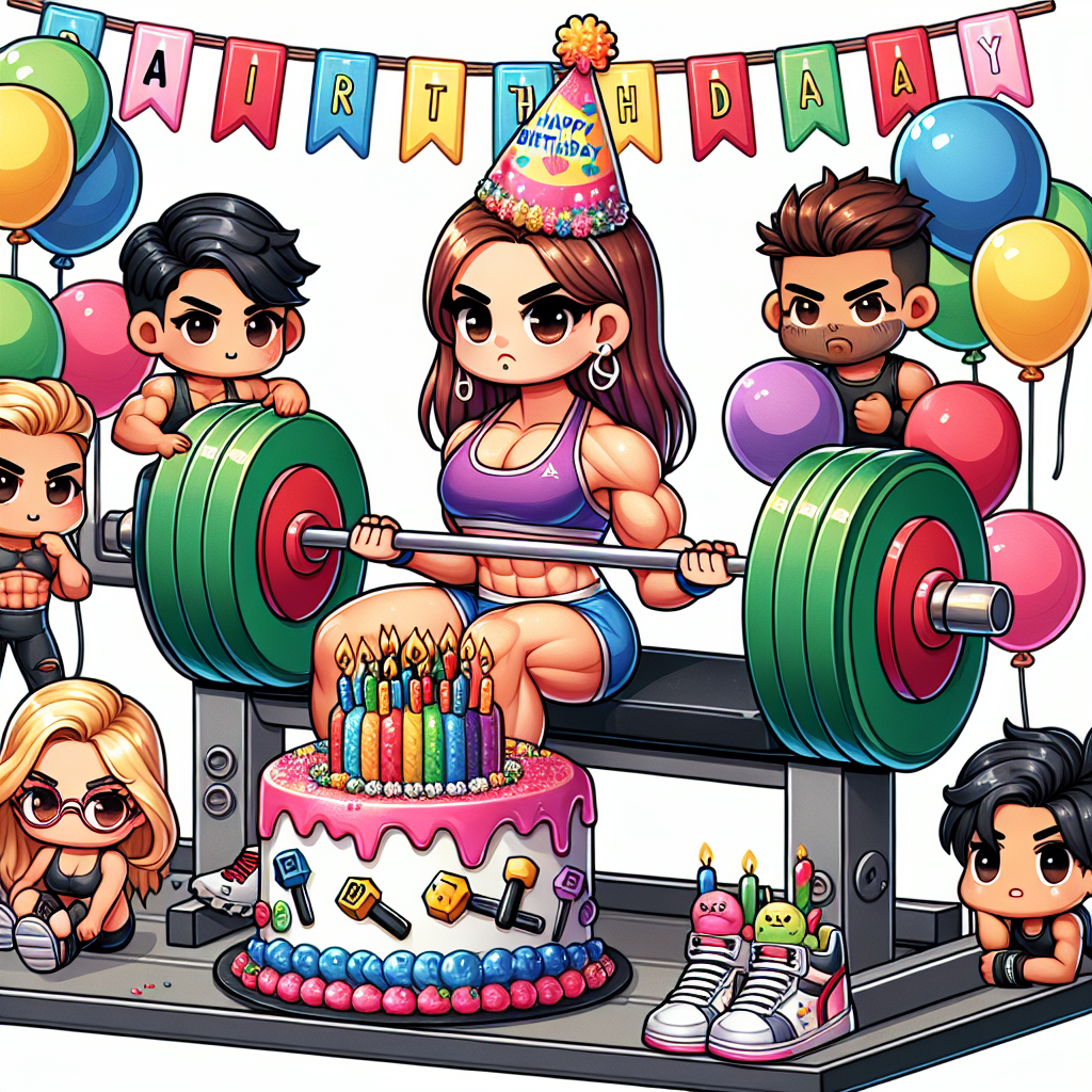 Create a colorful cartoon image depicting a birthday celebration at the gym. The scene should involve chibi-style characters of varying descents and genders who are gathered around a muscular, cartoon female character with a festive party hat. She should be lifting tiny, colorful dumbbells while surrounded by balloons and streamers featuring barbell and sneaker motifs. In addition, there should be an illustrated cake, decorated with edible-looking fondant gym equipment, placed on top of a weight bench that's been converted into a party table.
Generated with these themes: Gym, and Barbie.
Made with ❤️ by AI.