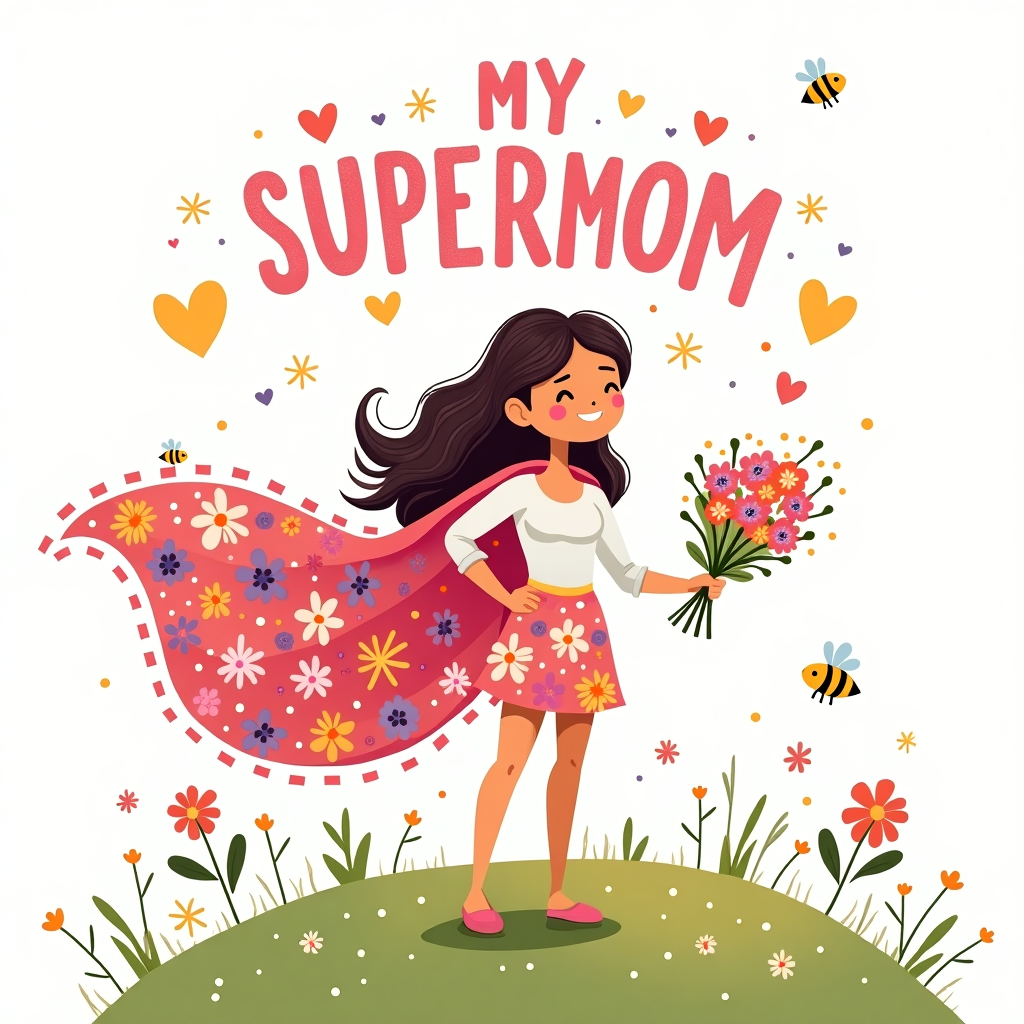**Image Prompt:**  
At the top of the illustration image: *"Mother, you're BLOOMIN’ marvelous!"*

An adorable, hand-drawn illustration in a whimsical and colorful style. A confident woman is striking a superhero pose—hands on her hips—with a flowing floral cape made entirely of fresh flowers billowing dramatically behind her. She's standing on a sunny grassy hill surrounded by floating pastel hearts, sparkles, and bees buzzing cheerfully. She holds a vibrant bouquet in one hand like a magical staff, glowing with pinks, purples, and yellows. The title "MY SUPERMOM" is boldly lettered across the sky behind her in big, bubblegum-pink letters with glittery accents. The whole scene should radiate warmth, joy, and superpowered cuteness.
Generated with these themes: A woman holding flowers, and Name the title MY SUPERMOM.
Made with ❤️ by AI.